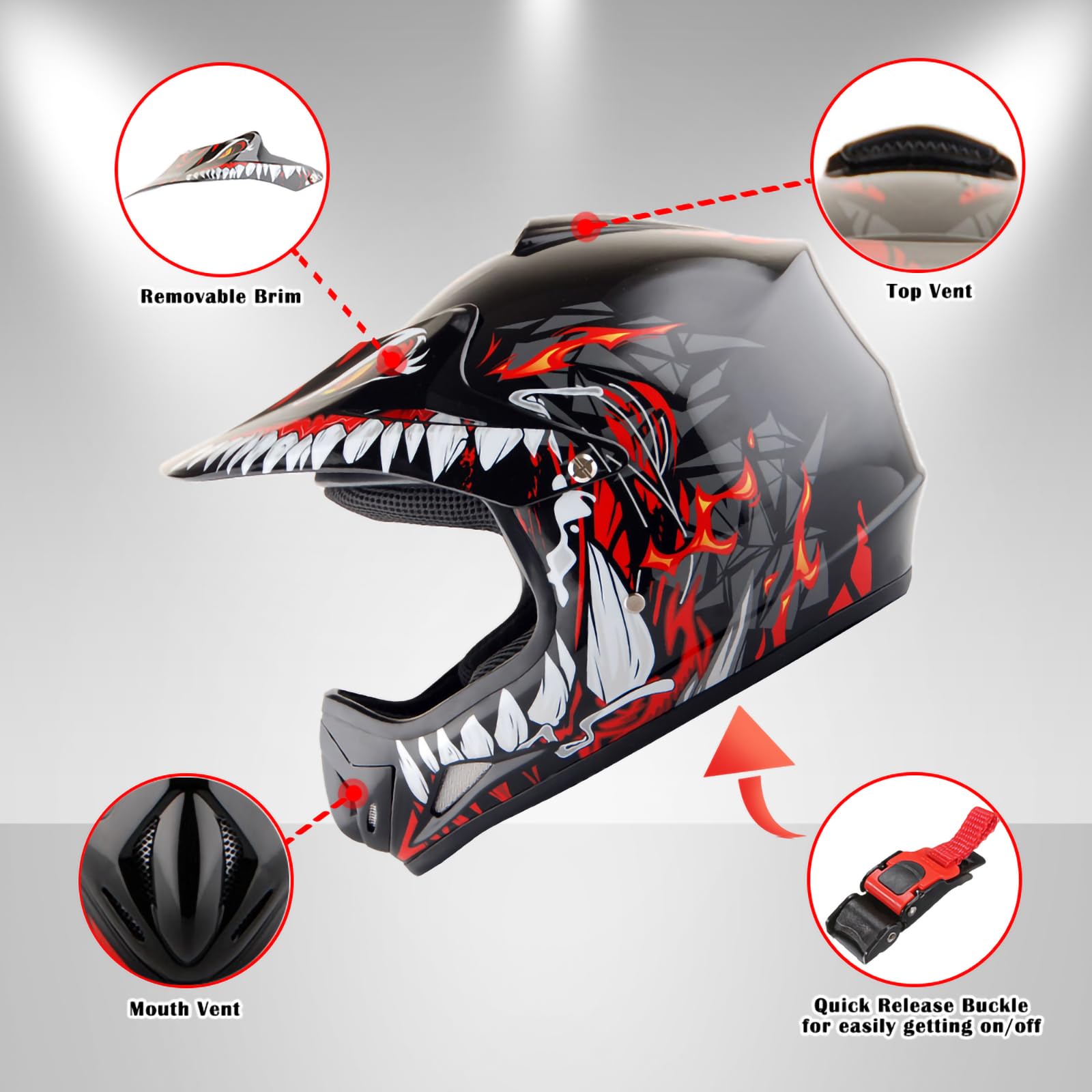 Wow Youth Kids Motocross Bmx Mx Atv Dirt Bike Helmet Dragon Red + Goggles + Mg Youth Red Glove Bundle