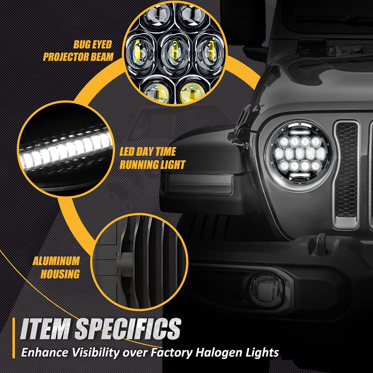 NUVISION LIGHTING 7" Matrix LED Bug Eye Headlight for 97-17 Jeep Wrangler JK TJ LJ CJ, DOT Approved, Black, Model NVL-HL-003