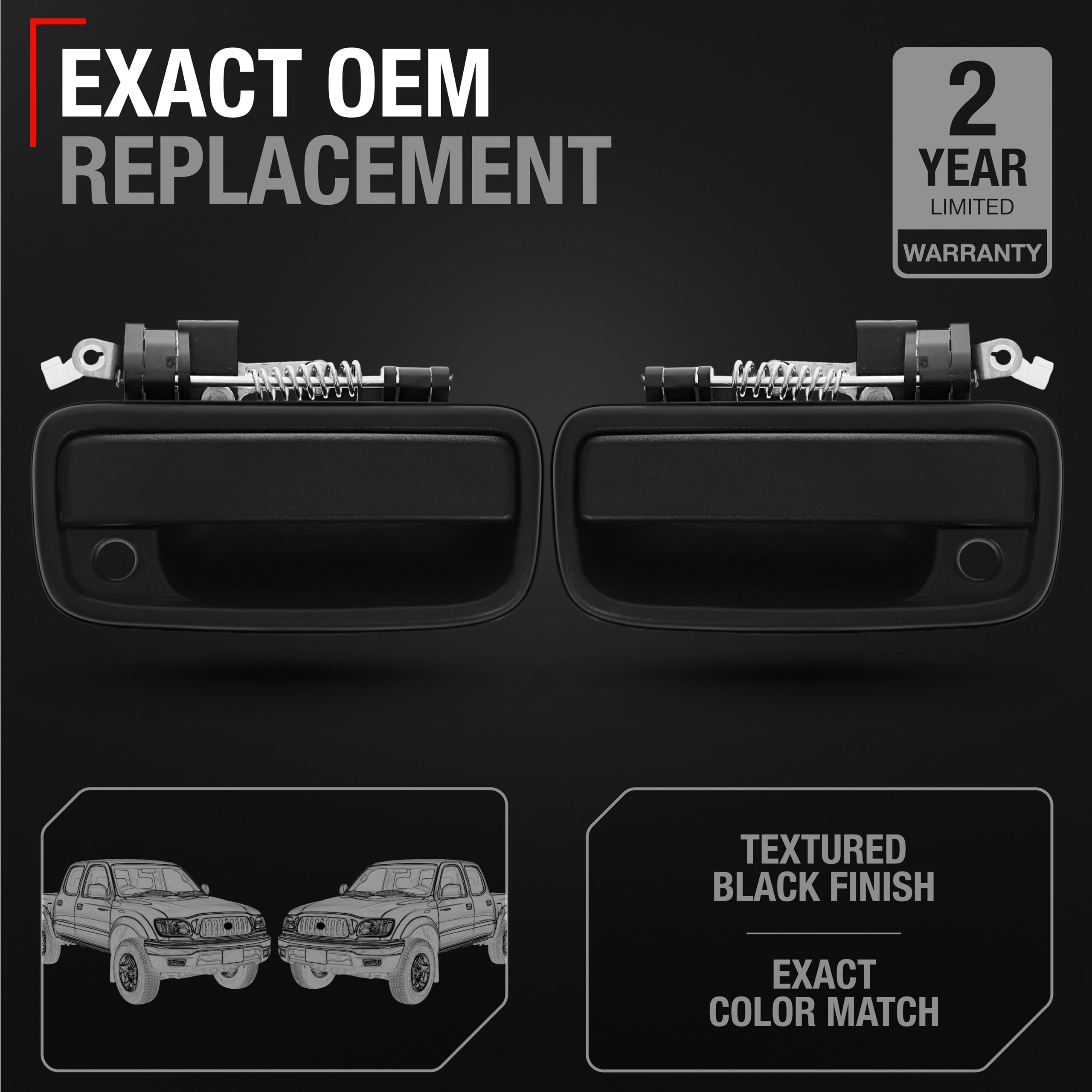 Exterior Front Driver & Passenger Door Handle Replacement Set - Compatible With 1995-2004 Toyota Tacoma - Textured Black With Ke