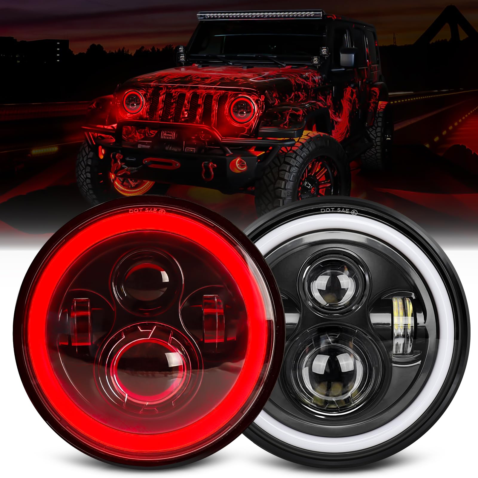 Uni-Shine 7 Inch Red Halo Led Headlight Hi/Lo Beam With Amber Turn Signal 2Pcs 7 Inch Led Headlight Dot Round H6024 Led Headligh