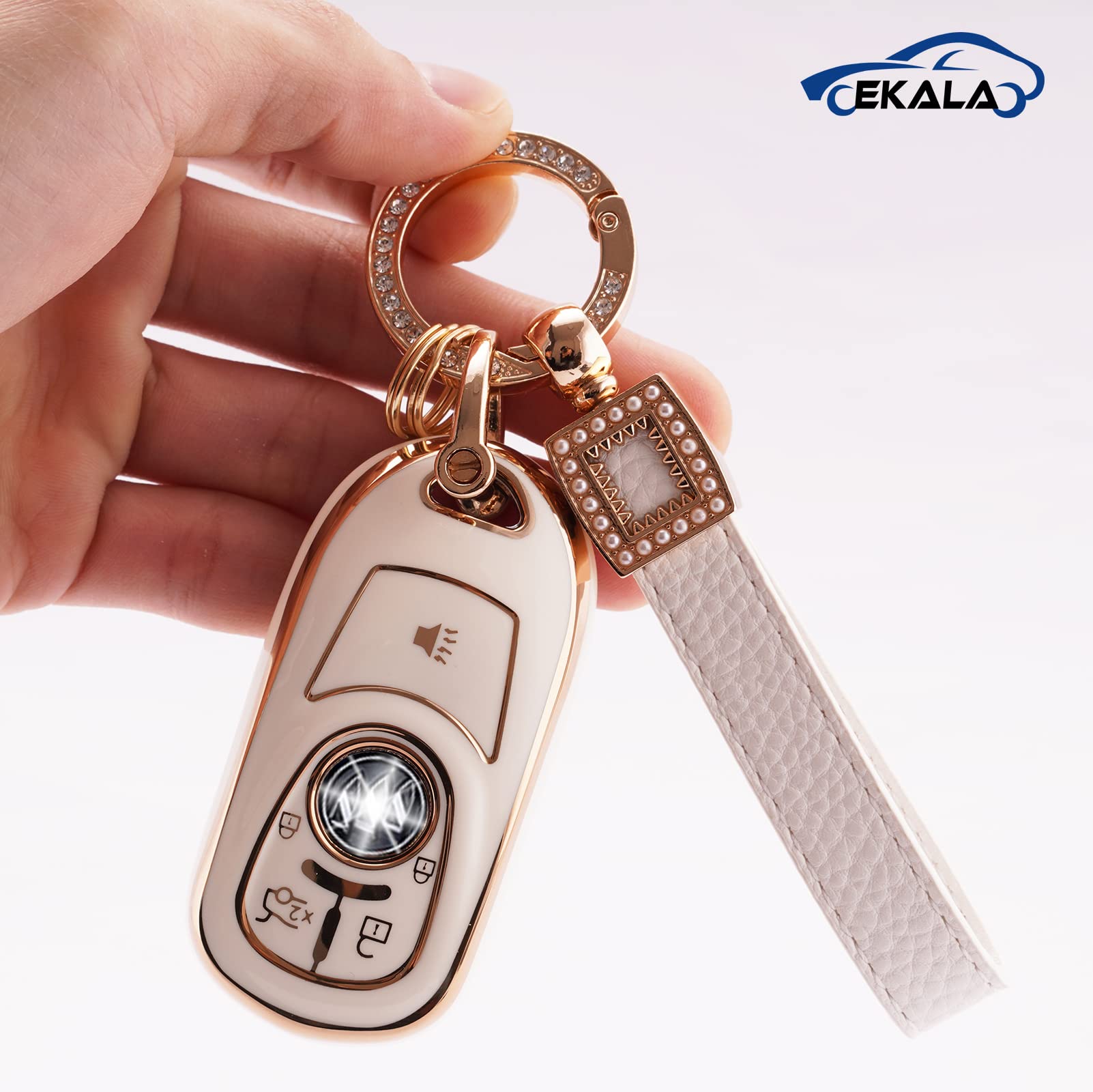 EKALA for Buick Key Fob Cover with Leather Key Fob Keychain, 4 Buttons Soft TPU Keys Case Shell with Gold Keychain Compatible wi