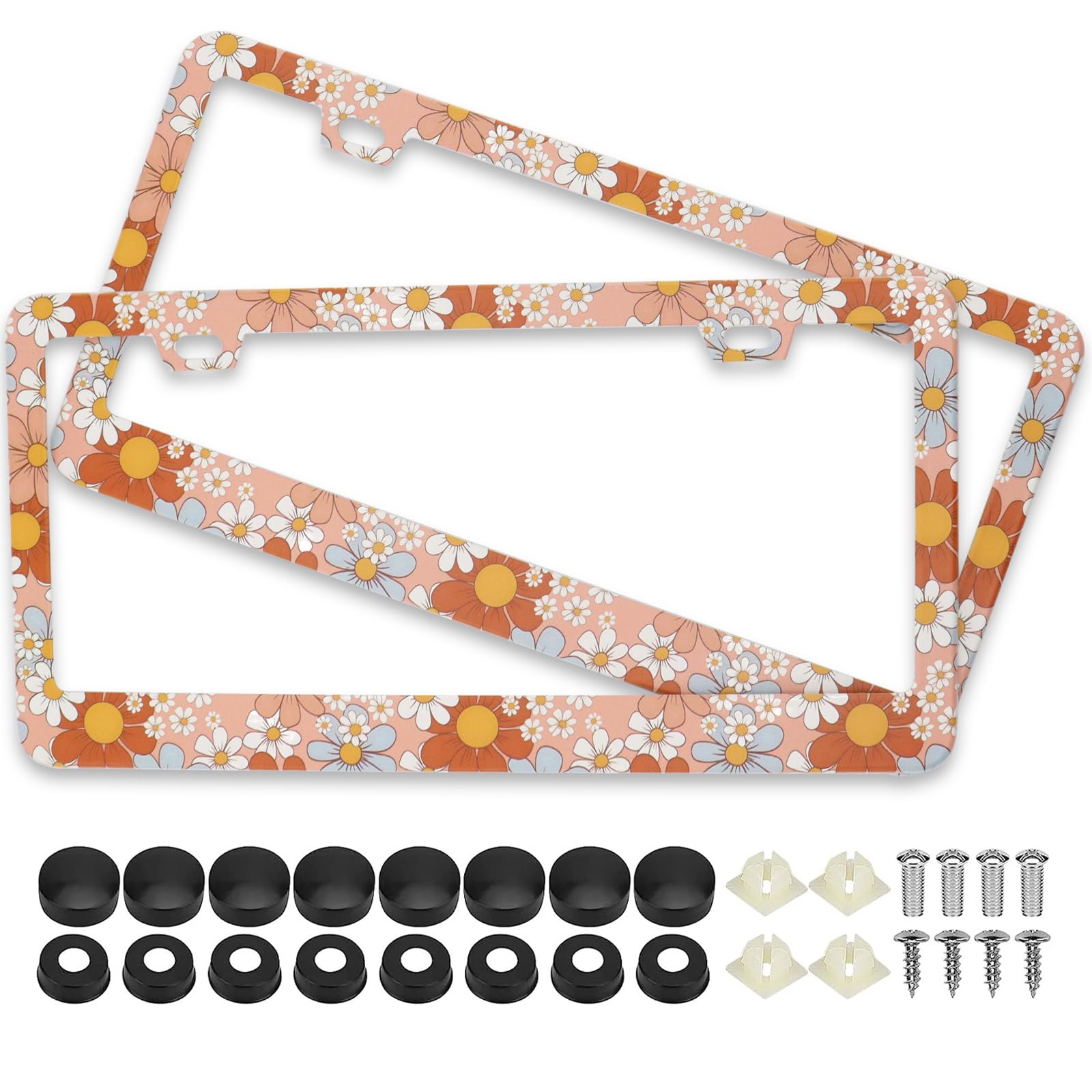 Retro Floral Daisy License Plate Frames Pink, 2 Pack Colorful Flowers Car Plate Frame, Stainless Steel License Plate Holders Cov