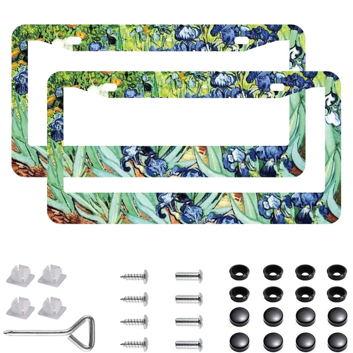 2Pcs Irises Watercolor Iris Floral License Plate Frames Cover Holders Stainless Steel License Plate Cover With Screw Caps Cover