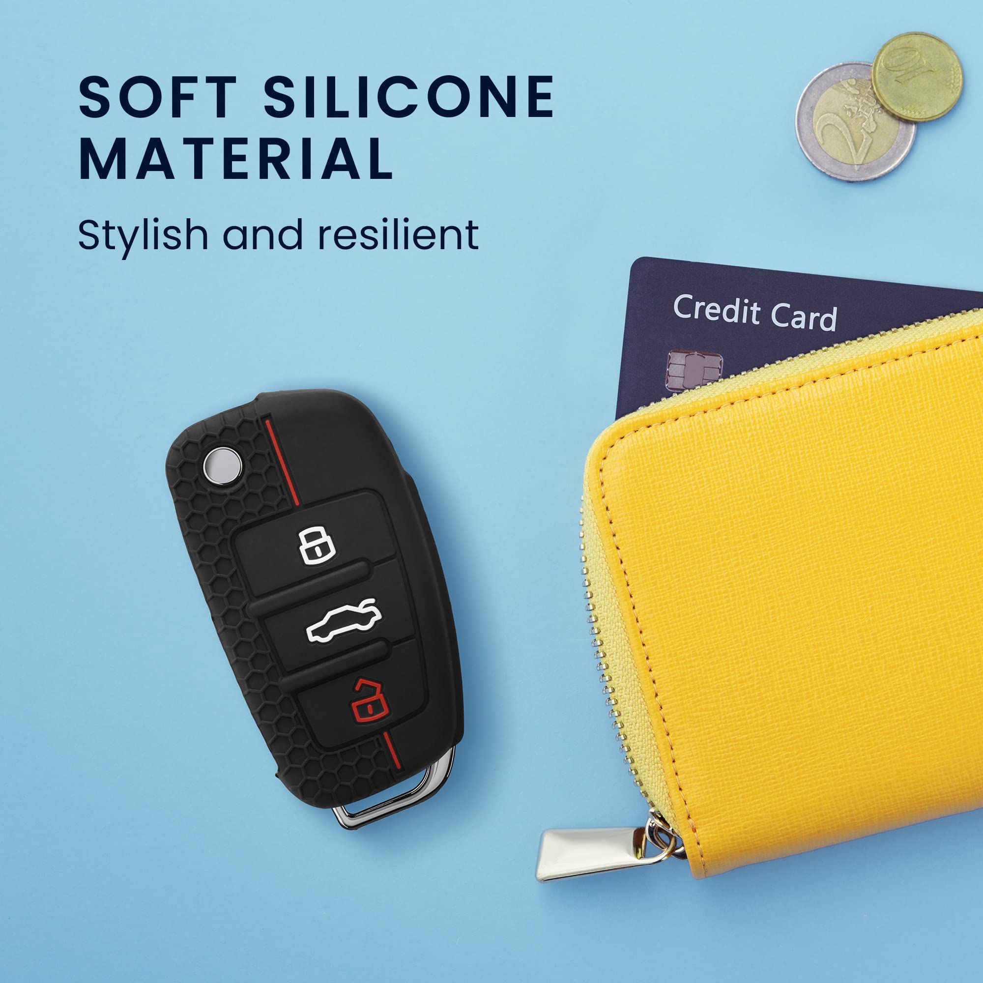 Kwmobile Car Key Cover Compatible With Audi 3 Button Flip Key Key Cover - Silicone Protective Car Key Fob Case - Black/Red