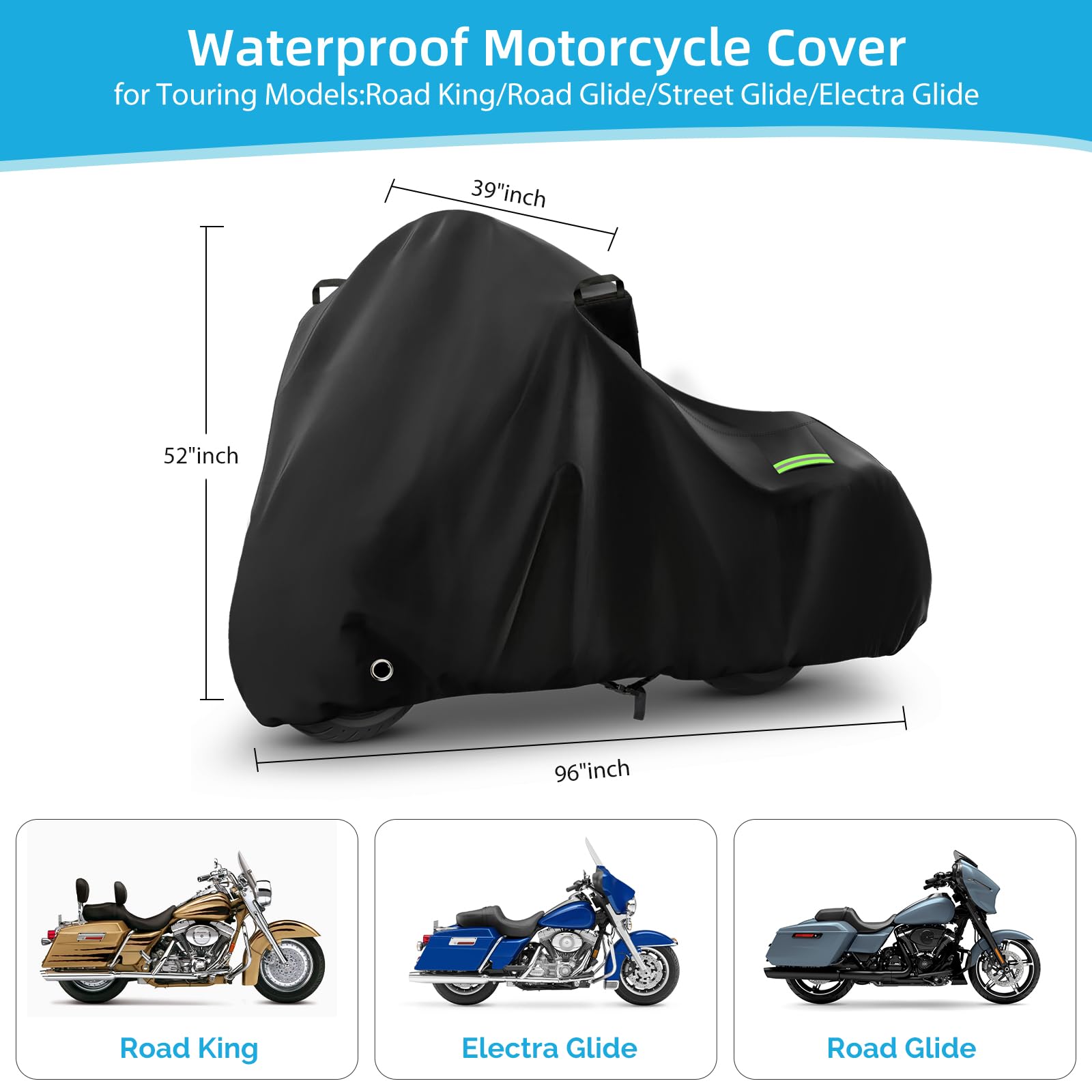 Motorcycle Cover Waterproof for Touring Models Road King/Road Glide/Street Glide/Electra Glide, Heavy Duty Sun UV Rain Snow Outd