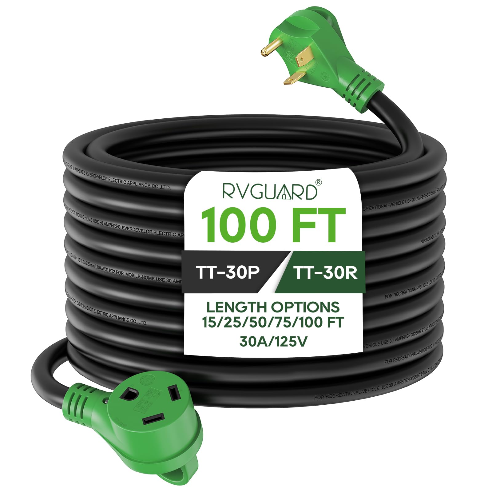 Rvguard 30 Amp 100 Foot Rv Extension Cord, Heavy Duty 10/3 Gauge Stw Cord With Led Power Indicator And Cord Organizer, Tt-30P/R