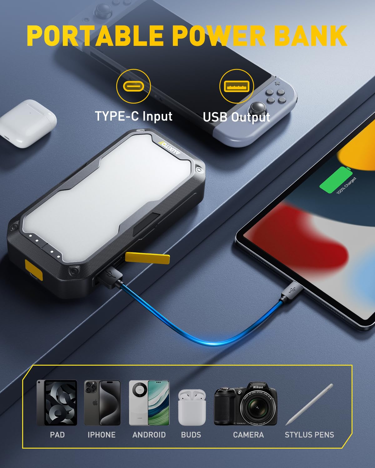 Auxito Portable Jump Starter - 4000A Car Battery Jump Starter(8L Gas/7L Diesel) 2000Lm Camping Light, 12V Jump Box With 4 Modes