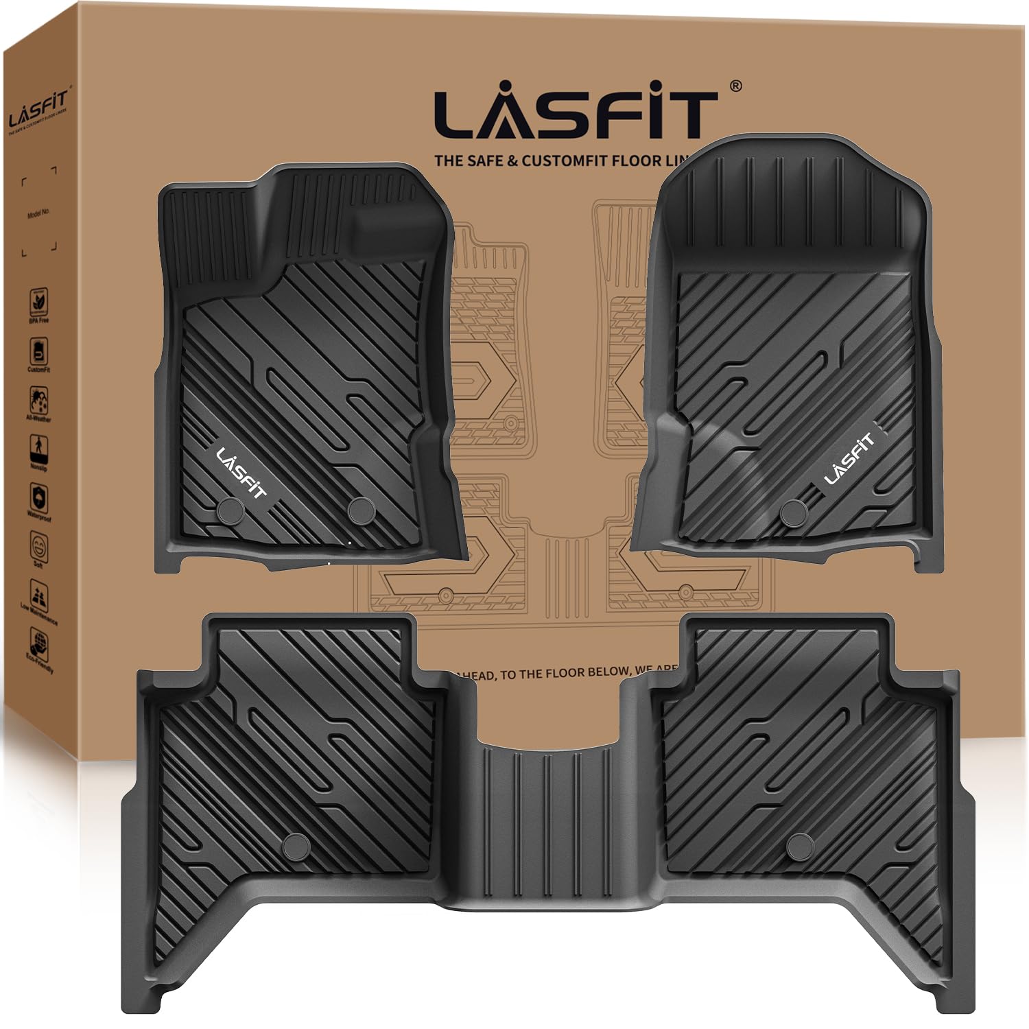 Lasfit Floor Mats Fit For Ford Ranger 2020-2023 Supercrew Cab, All Weather Tpe Truck Liners, Front And Rear Row Set, Black