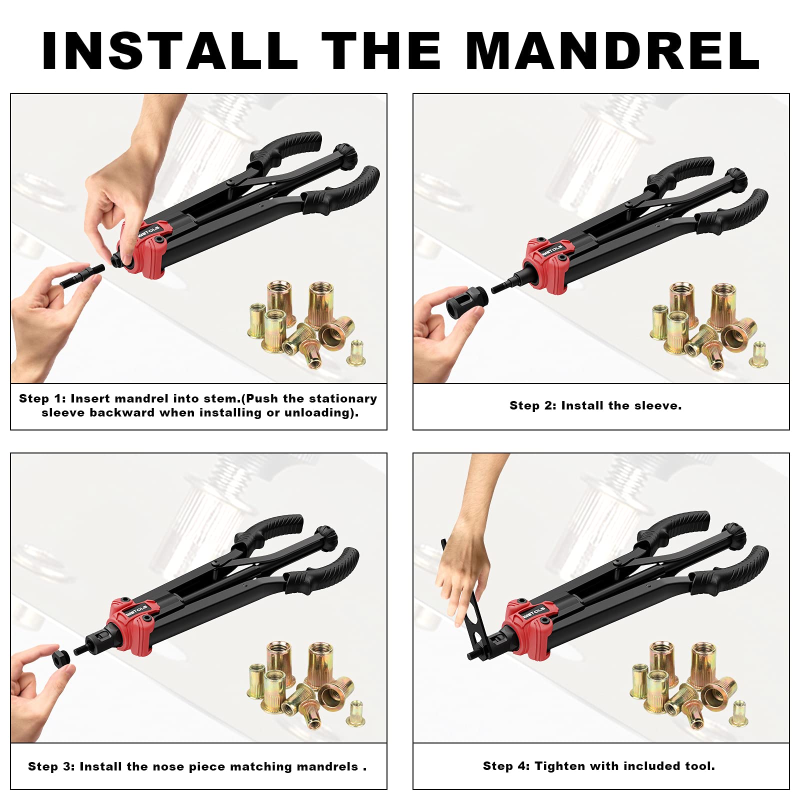 Wetols 17'' Rivet Nut Tool, Hand Rivet Tool Kit With 11 Metric & Sae Mandrels M3 M4 M5 M6 M8 M10 M12, 10-24, 1/4-20, 5/16-18, 3/