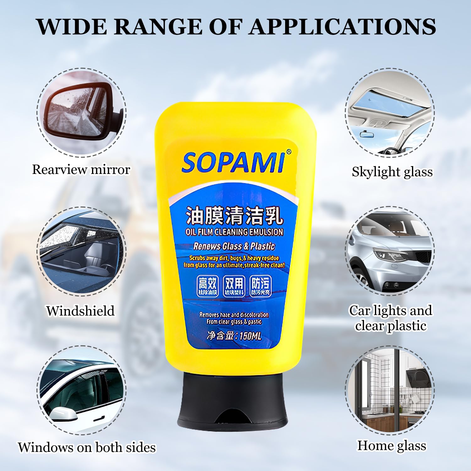 Sopami Oil Film Emulsion Glass Cleaner with Sponge,Sopami Car Coating Spray,Sopami Glass Cleaner,Oil Film Remover for Car Window