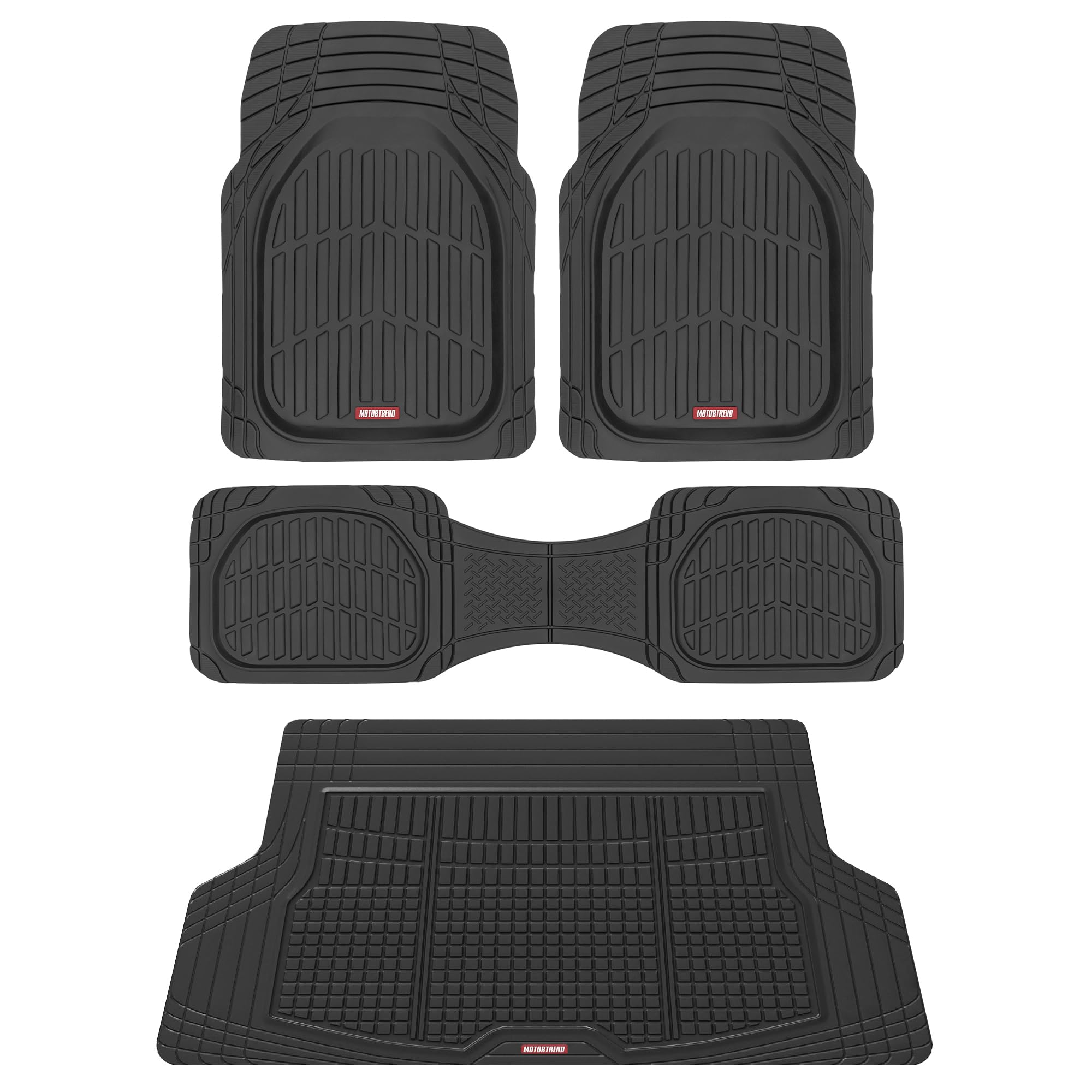 Motor Trend FlexTough Contour Liners Deep Dish 3 pc Rubber Floor Mats & Trimmable Trunk Liner Cargo Mat - Heavy Duty All Weather