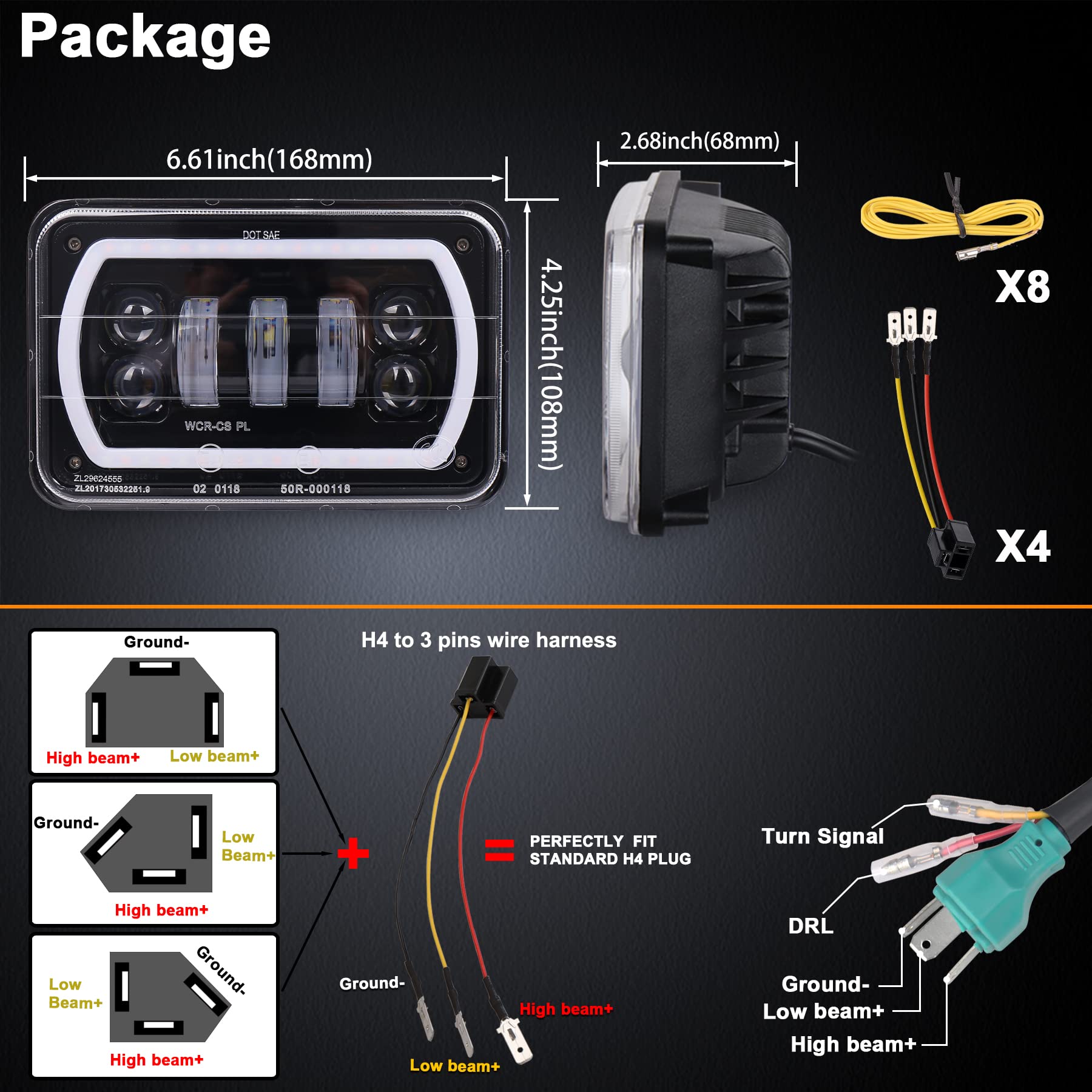 MOVOTOR Off Road 4x6 Led Headlights with White/Yellow Halo Seal Beam H4651 H4656 H6545 H4668 Replacement Headlamp for Ford Kenworth Peterbilt Semi Truck