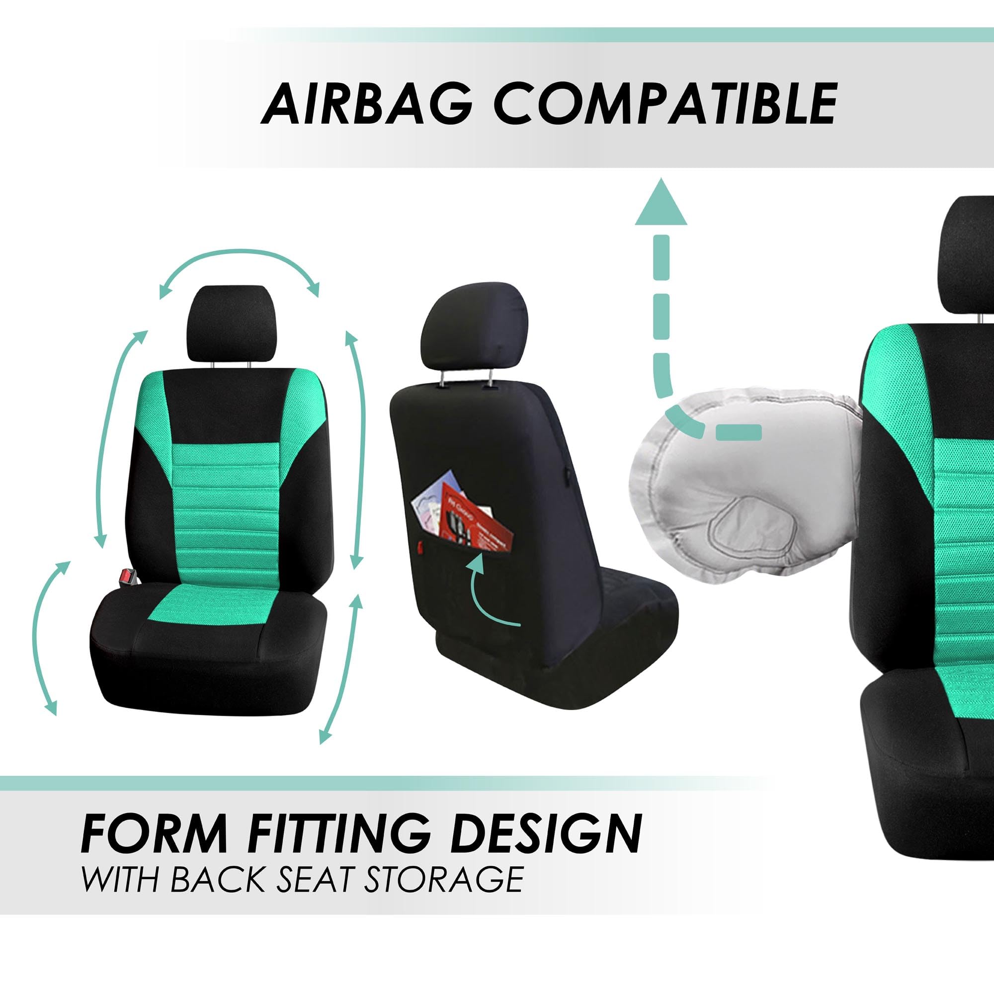 Fh Group Car Seat Cover Premium 3D Air Mesh Front Pair Set Car Seat Covers Airbag Compatible, Mint And Black Automotive Seat Cov