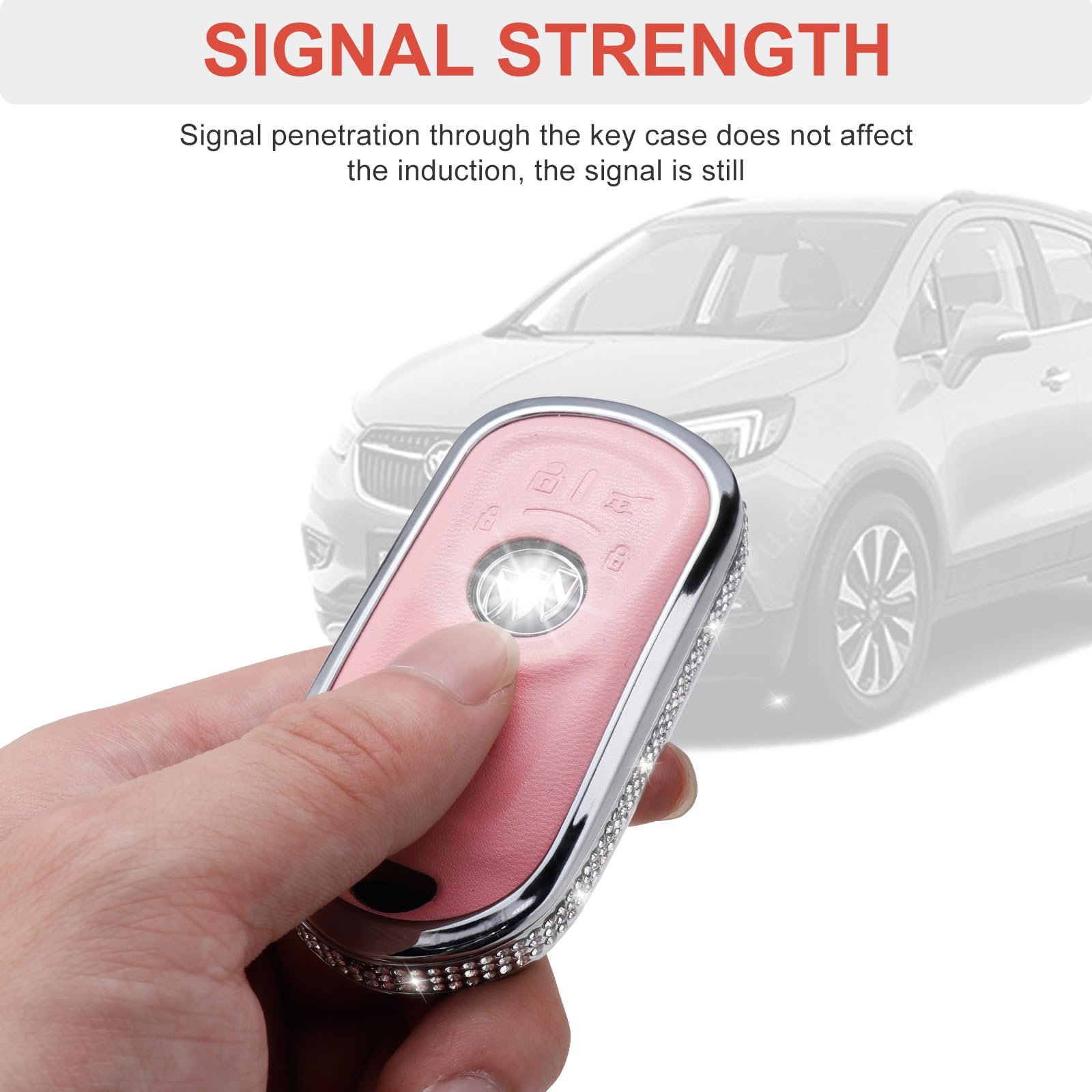 Ruabiban For Buick Key Fob Cover With Keychain, Pink Leather Crystal Key Case Protection Shell Compatible With Buick Encore Encl