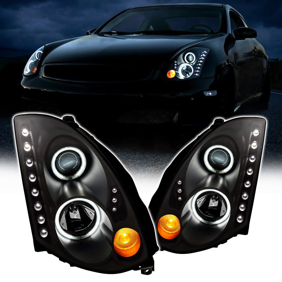 Amerilite For 2003-2007 Infiniti G35 2 Door Coupe Dual Xtreme Led Halo Led Projector Chrome Replacement Headlights Set (Hid Compatible) - Passenger And Driver Side