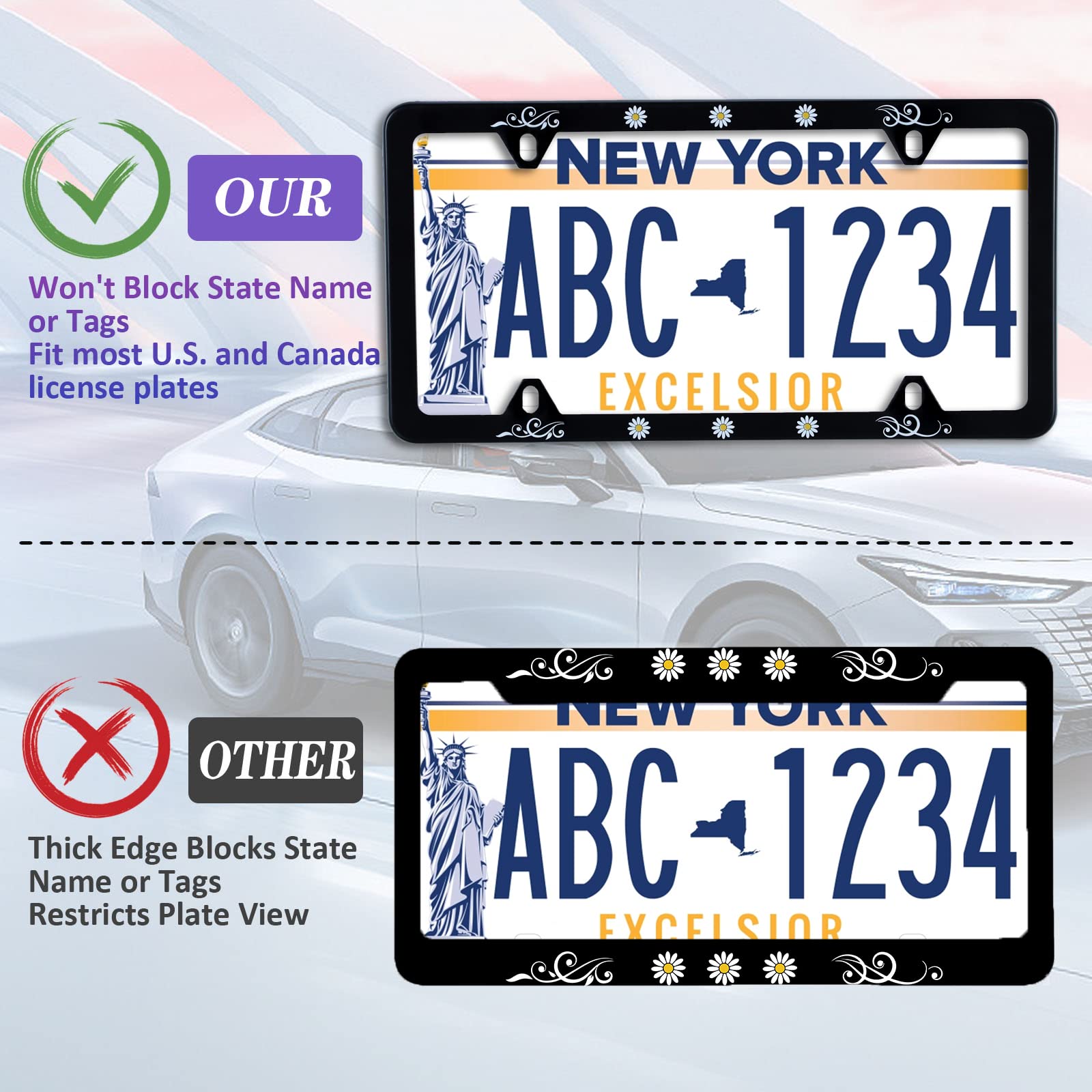 ?2Pcs? Cute Daisy Flower Yellow Daisies Floral License Plate Frame Stainless Steel Car License Plate Frame Accessory Car Plate F