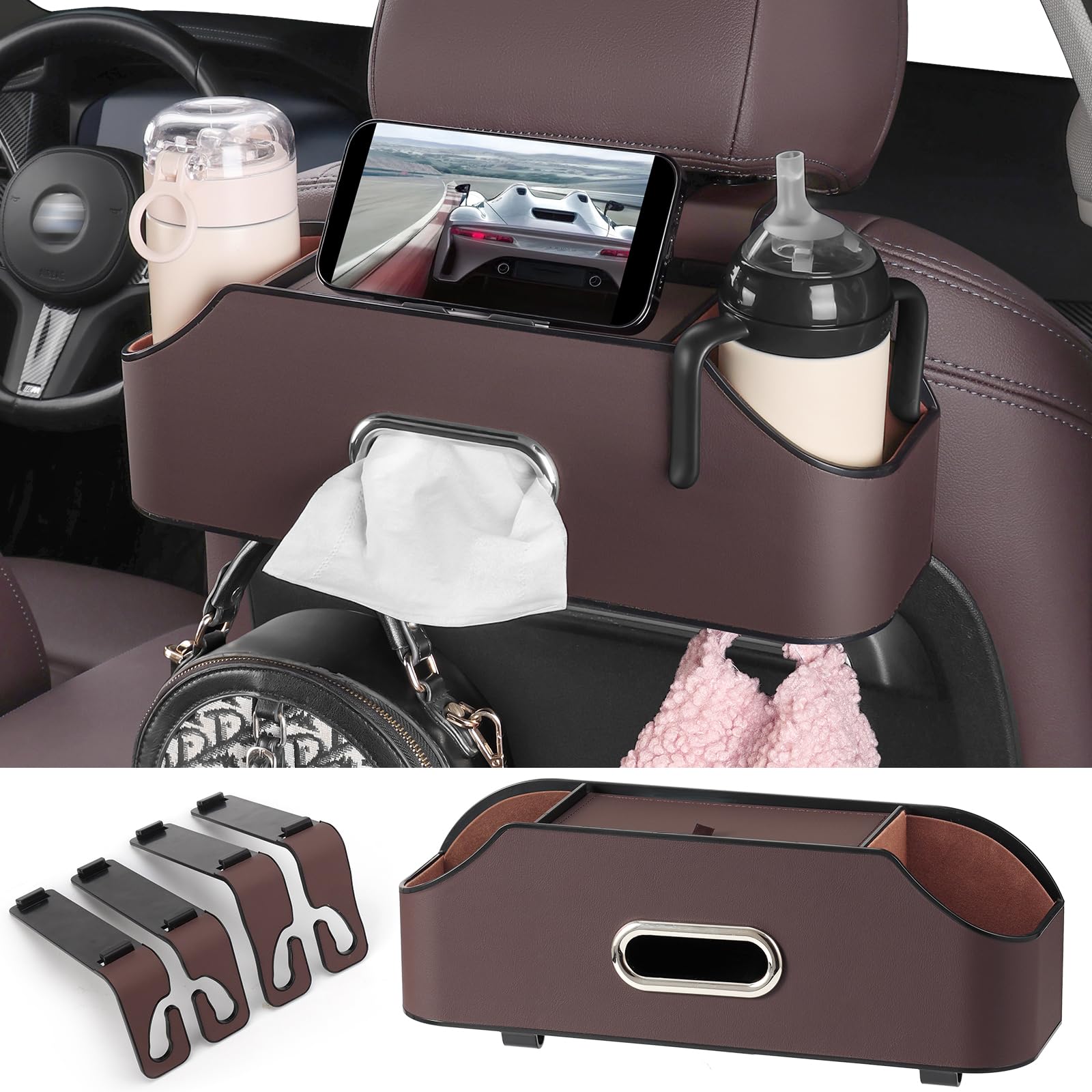 Car Rear Backseat Extra Multifunctional Drink Cup Holder Organizers with Tissue Storage Box Organizer & Hooks for Car Seat Back 