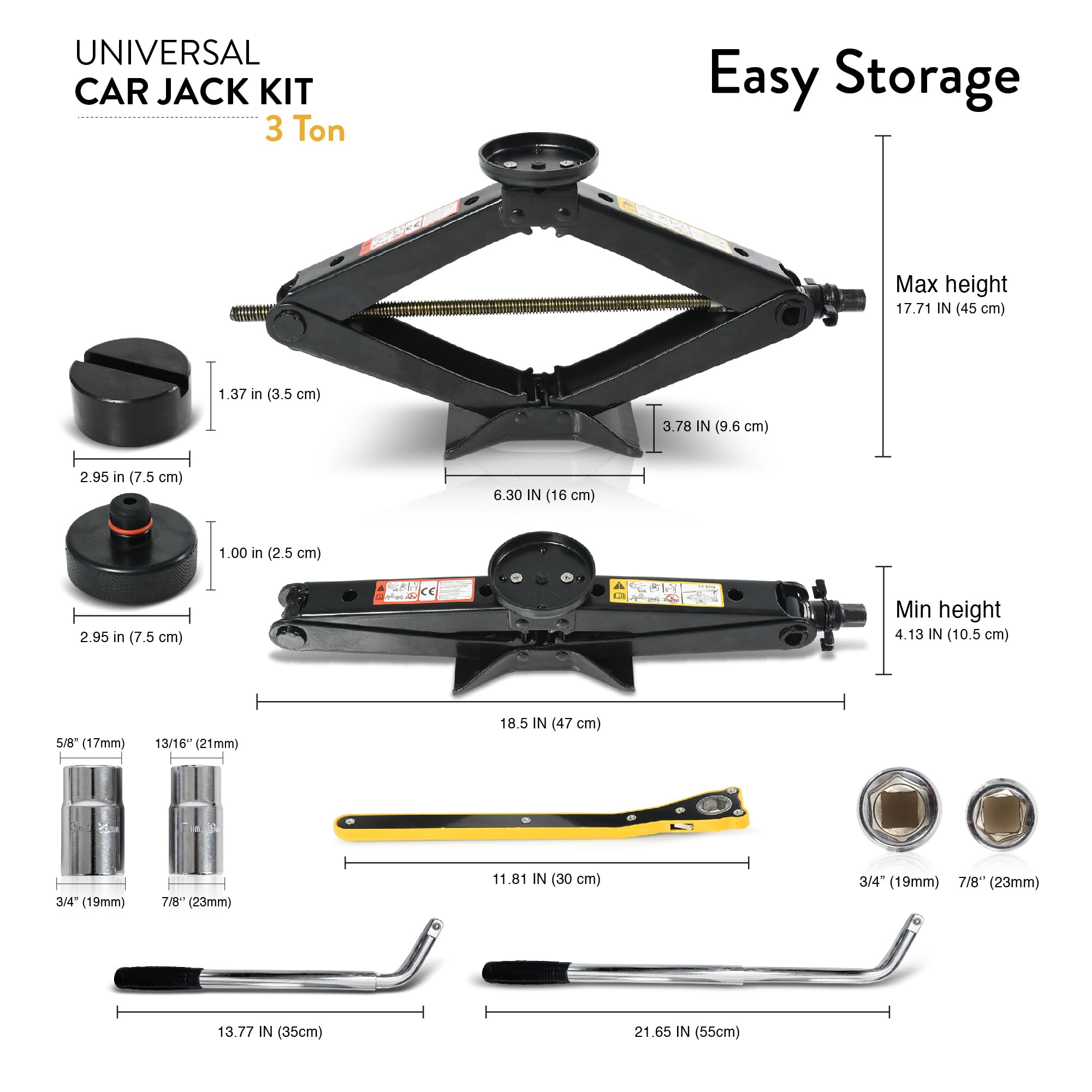 Car Jack Kit With Tesla Pad & Universal Rubber Pad | Scissor Jack For Car 3 Ton (6,600 Lbs) - Tire Jack Tool Kit | Portable, Ide