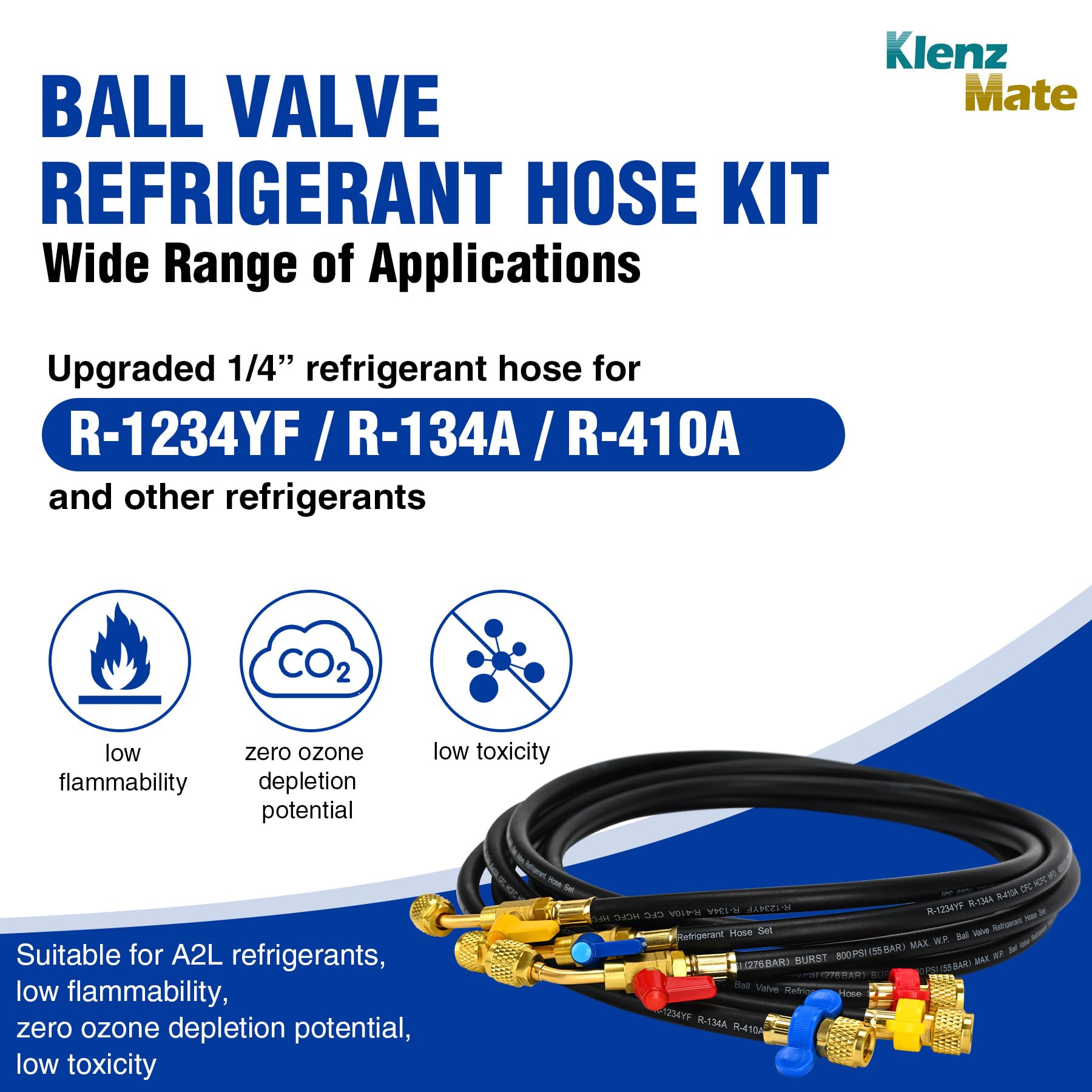 KlenzMate Upgraded 1/4 A2L Refrigerant Hose,72, Compact Ball Valve Refrigerant Hose Kit with Color Label for R-1234YF R-134A