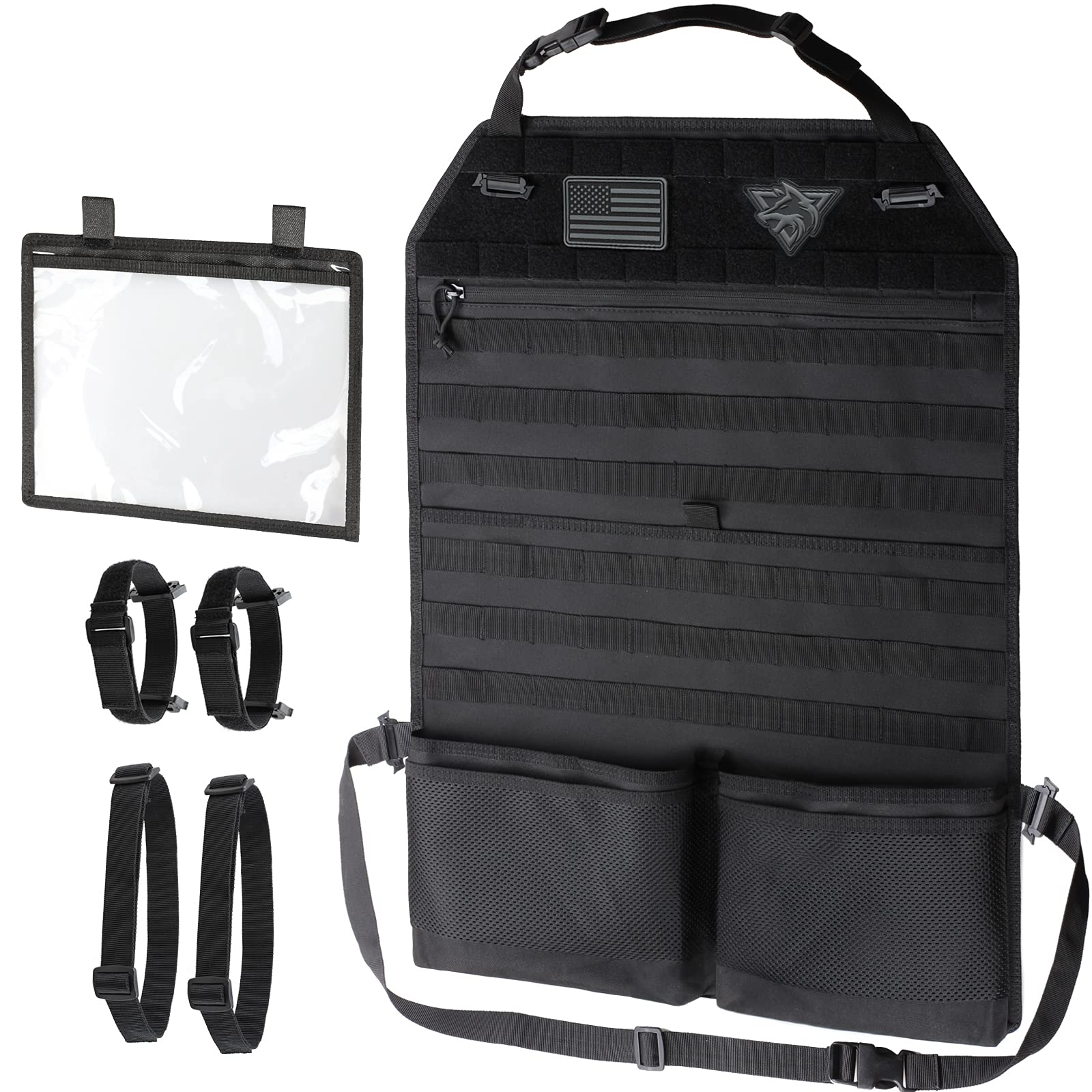 Wynex Car Seat Back Organizer With Sling Rack, Molle Backseat Cover Protector With Visual Pocket And Patch, Universal Fits Vehic