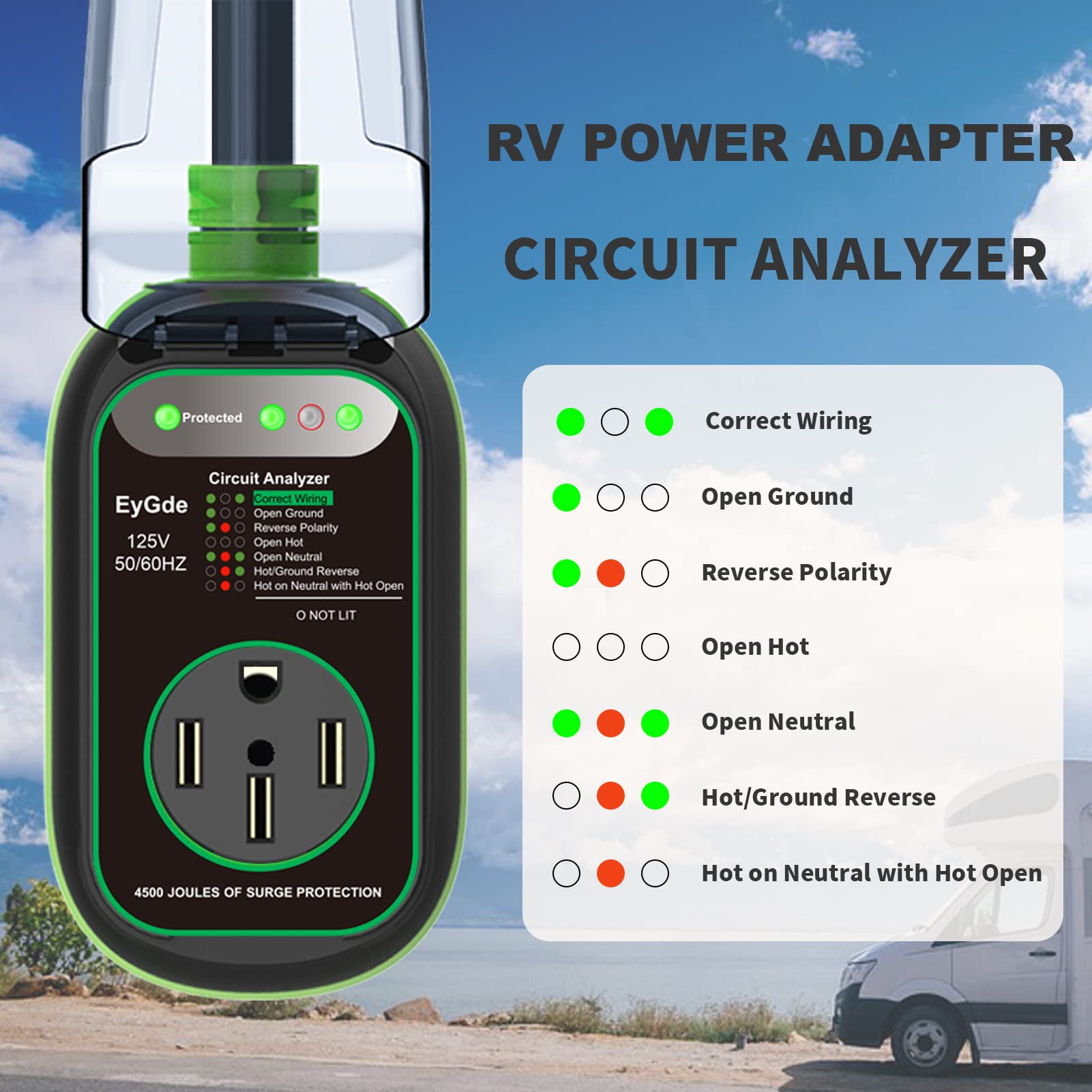 Eygde 30 Amp To 50 Amp Rv Adapter With Surge Protector, Patented 4500J 30 Amp Male To 50 Amp Rv Adapter Plug, Rv Circuit Analyze