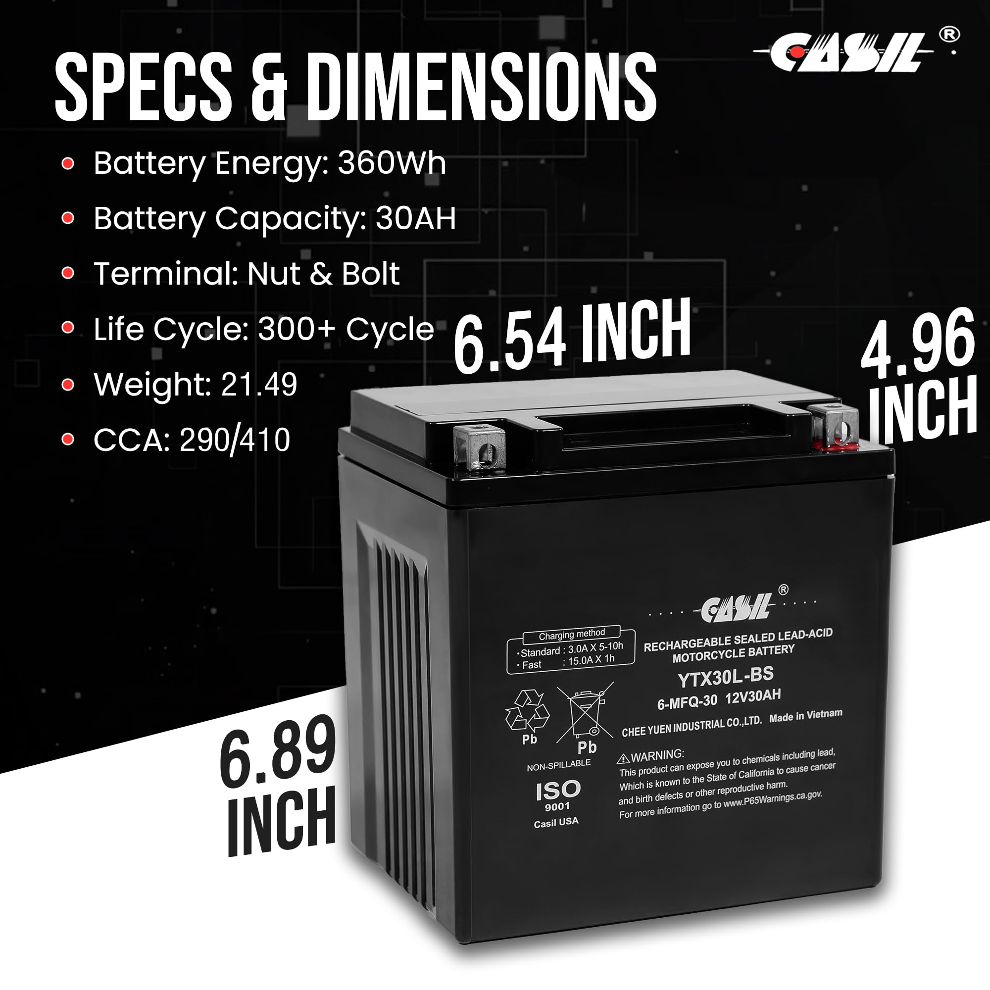 Casil Ytx30L-Bs Power Sports Replacement Yuasa Yix30L Motorcycle Battery - Maintenance Free - Sealed Agm Battery Etx30L Bs