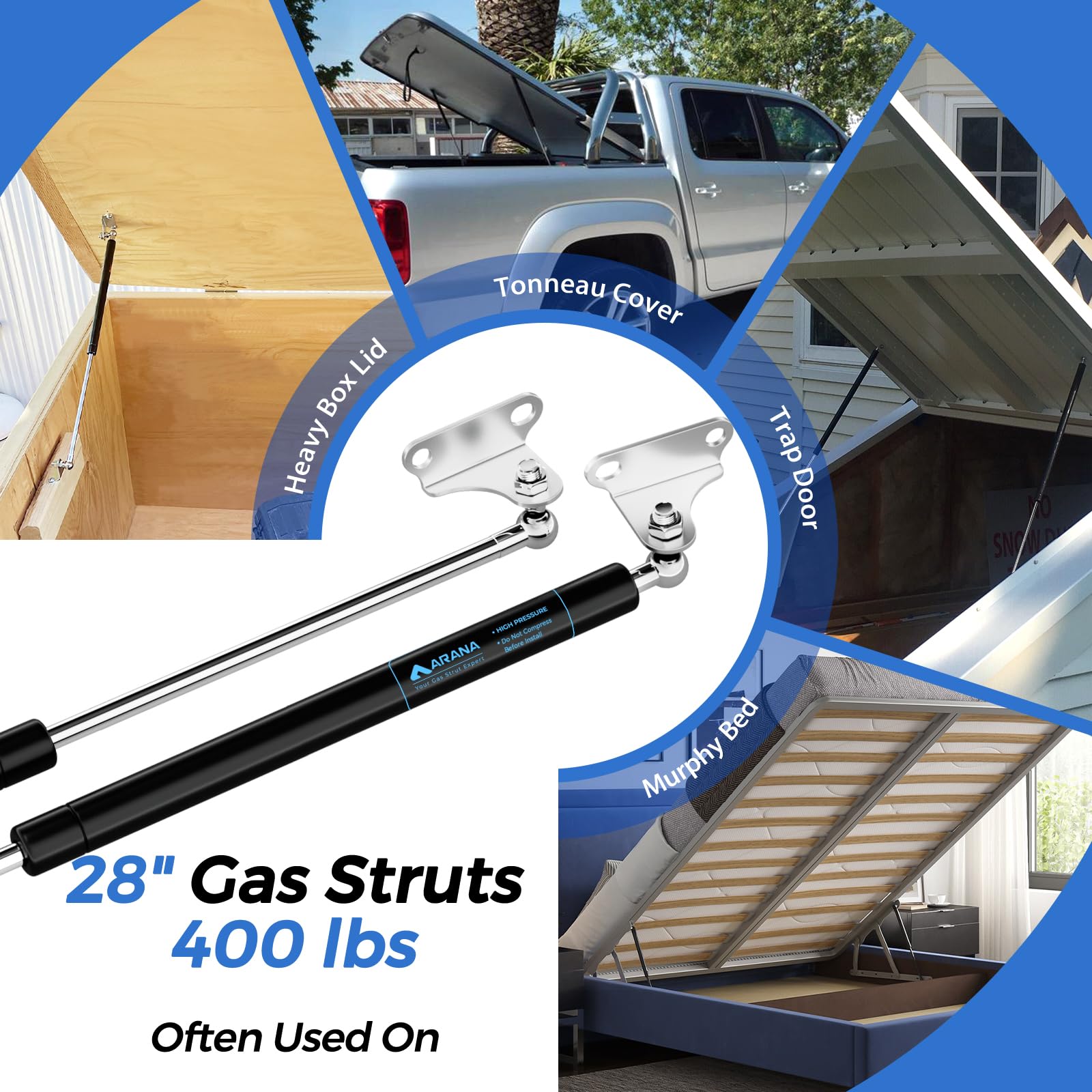 ARANA 28 Gas Struts Shock Prop, 400lb Lift Support with Mounting Brackets for RV Bed, Murphy Bed, Trap Door, Shed Door - 2Pcs, Black