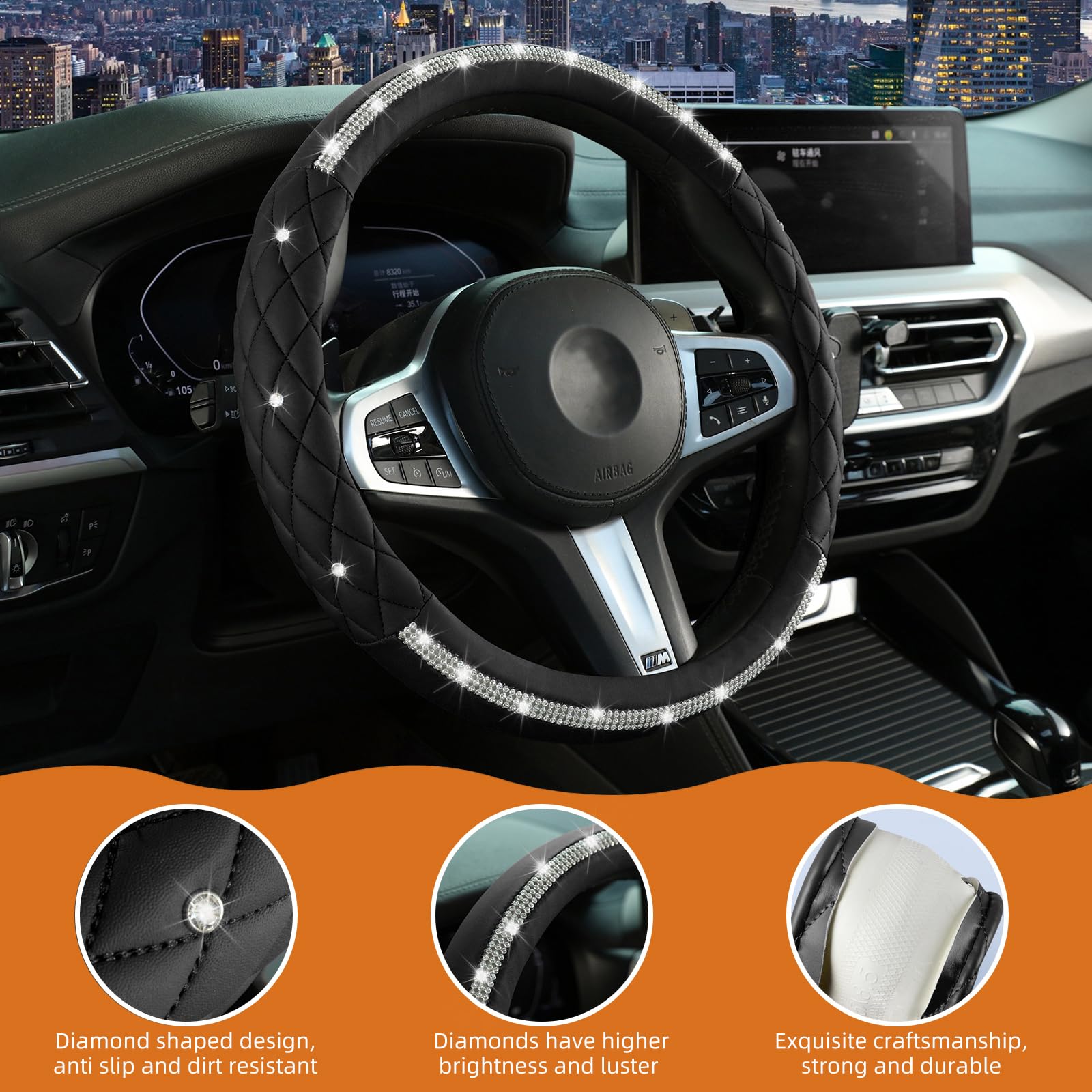 Diamond Steering Wheel Cover,with Bling Crystal Rhinestone, Delicate and Anti-Slip Sparkly Sedan Steering Wheel Cover ,Adaptable
