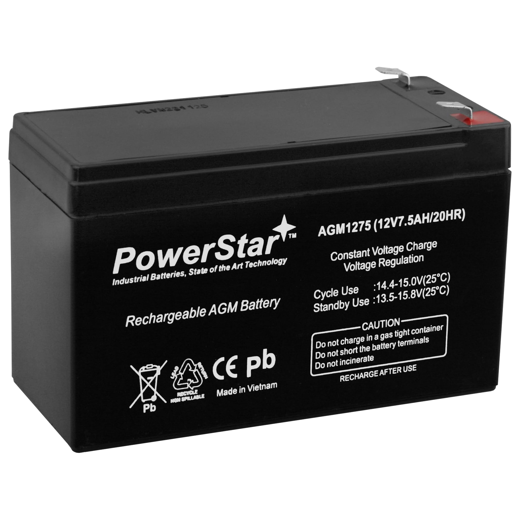 PowerStar AGM127.5AH Black 12V 7.5 Amp Rechargeable Battery