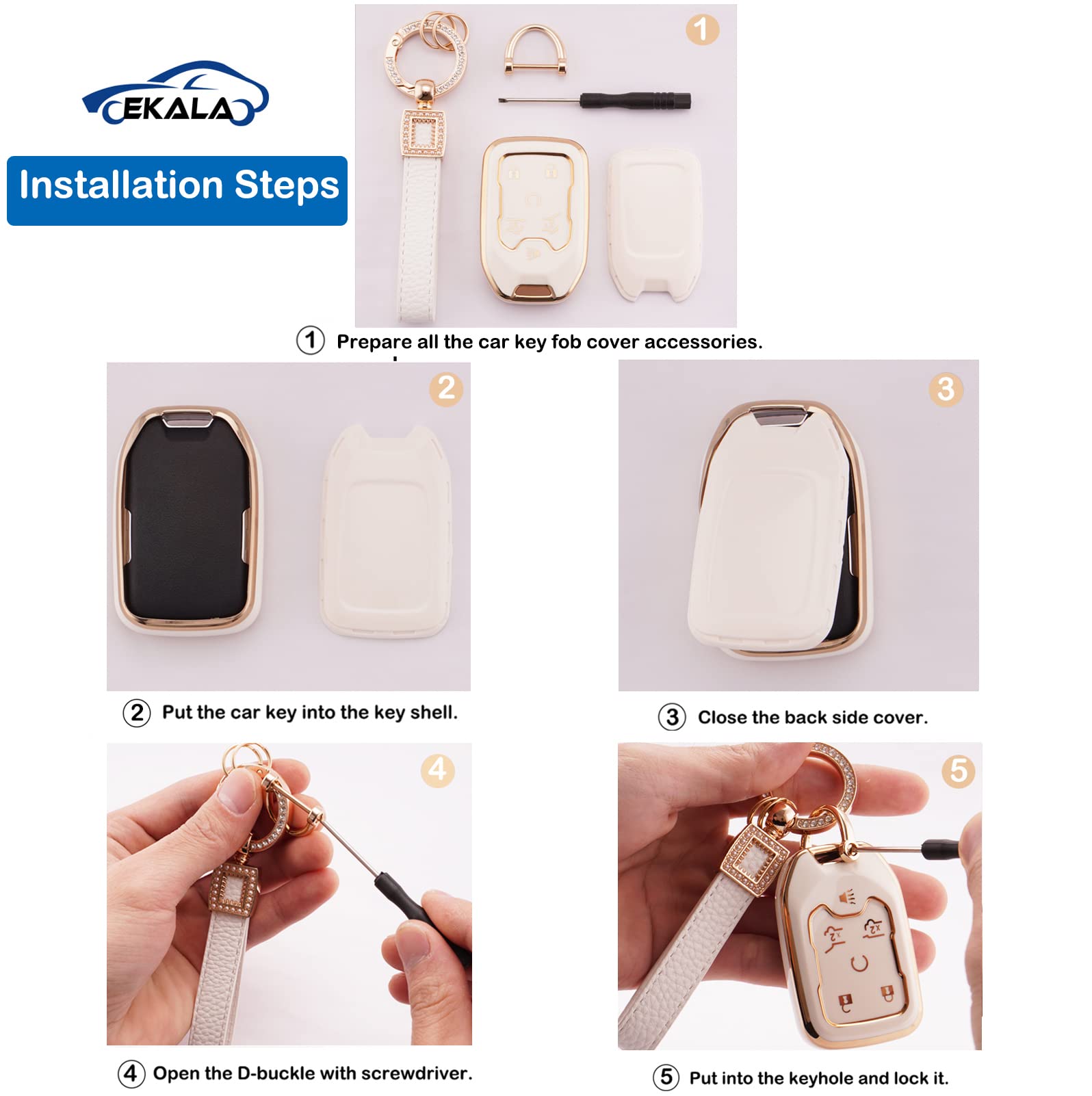 EKALA for GMC Key Fob Cover with Leather Key Fob Keychain, 6 Buttons Soft TPU Keys Shells White Key Fob Cover Compatible with GM