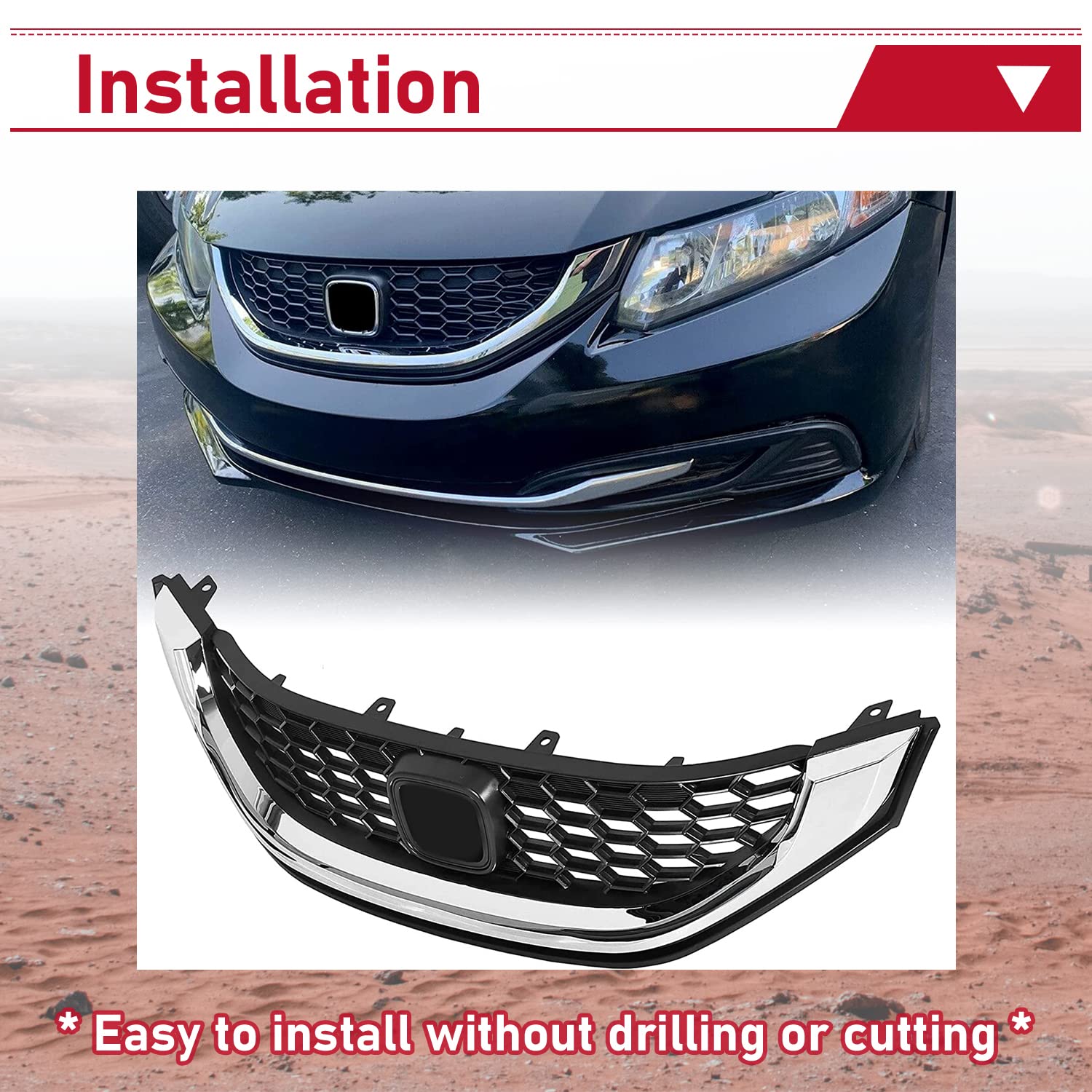Hecasa Front Bumper Grill Compatible With 2013 2014 2015 Honda Civic Sedan 71121Tr3A01 Ho1200216 (Grille) 71122Tr3A01 Ho1202109 (Molding) Honeycomb Bumper Hood Grille