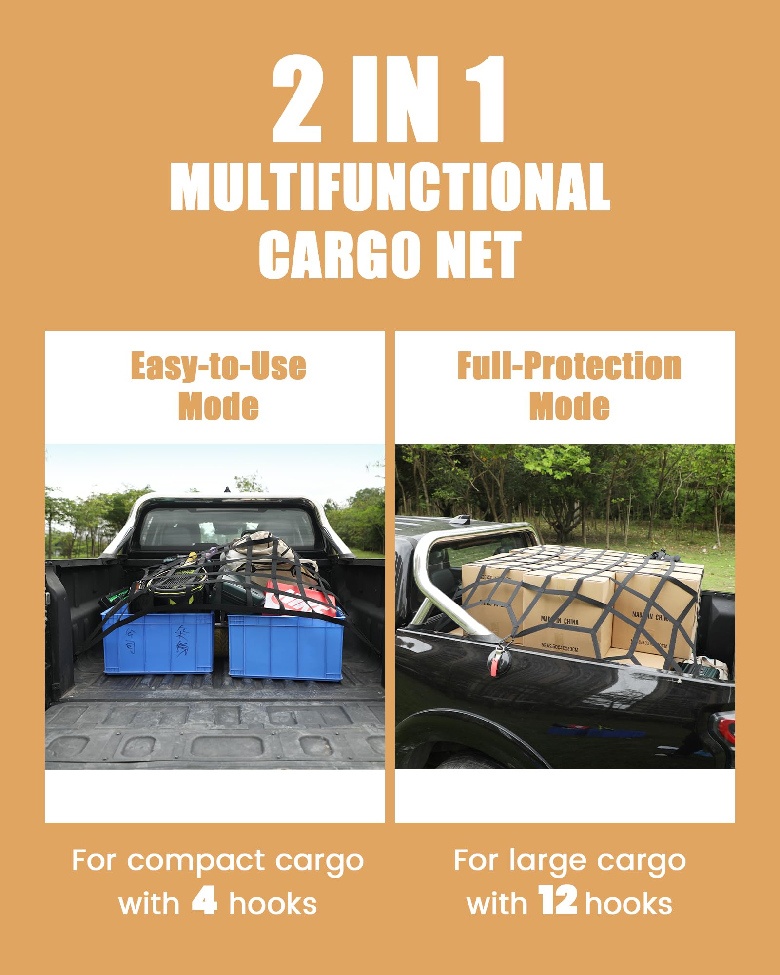 The First Flat Bungee Cargo Net For Pickup Truck Bed, 4' X 4' Stretches To 10' X 10', 25 Mm Heavy Duty Cargo Net With 2 Using Mo