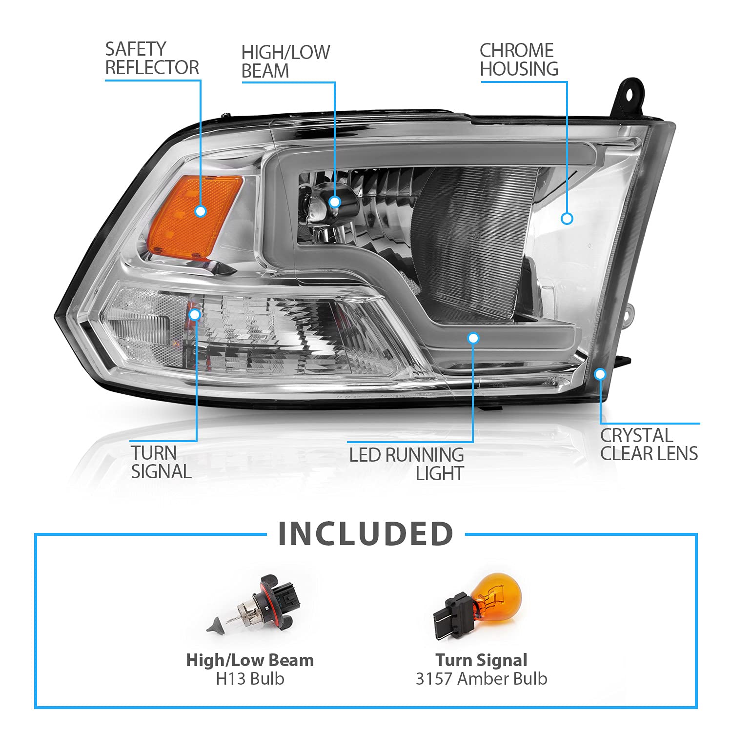 Amerilite For 2009-2018 Dodge Ram 1500 2500 3500 Pickup Led Bar Replacement Chrome Headlights Set - Driver And Passenger Side