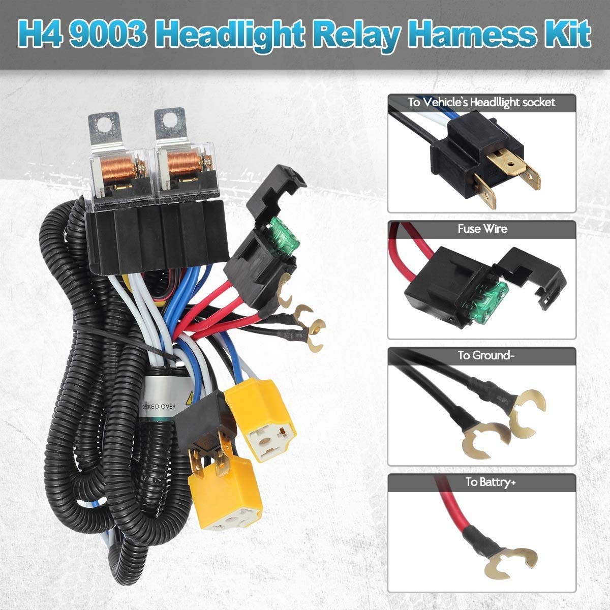 Partsam 1Set H4 Headlight Relay Harness Kit For 7X6 5X7 H6054 Headlights Heat Ceramic Wiring Harness Compatible With Pickup Headlights 88-95, Tacoma 95-97 Fix Dual Ground Problem