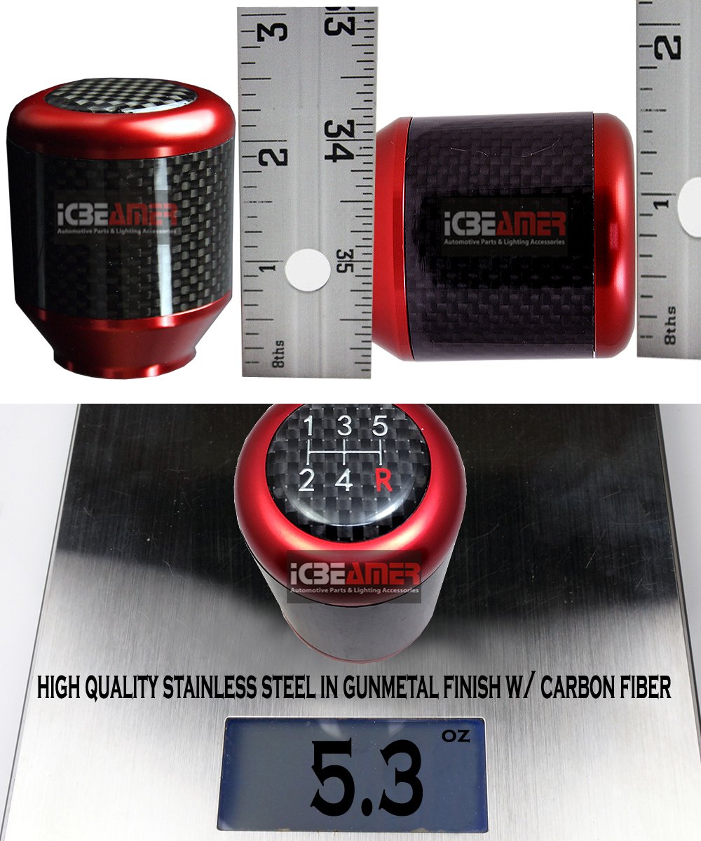 ICBEAMER Red Aluminum w/ 100% Real Carbon Fiber 2.5'' Shift Knob for Buttonless Automatic and 4, 5 and 6 Speed Manual Transmissi