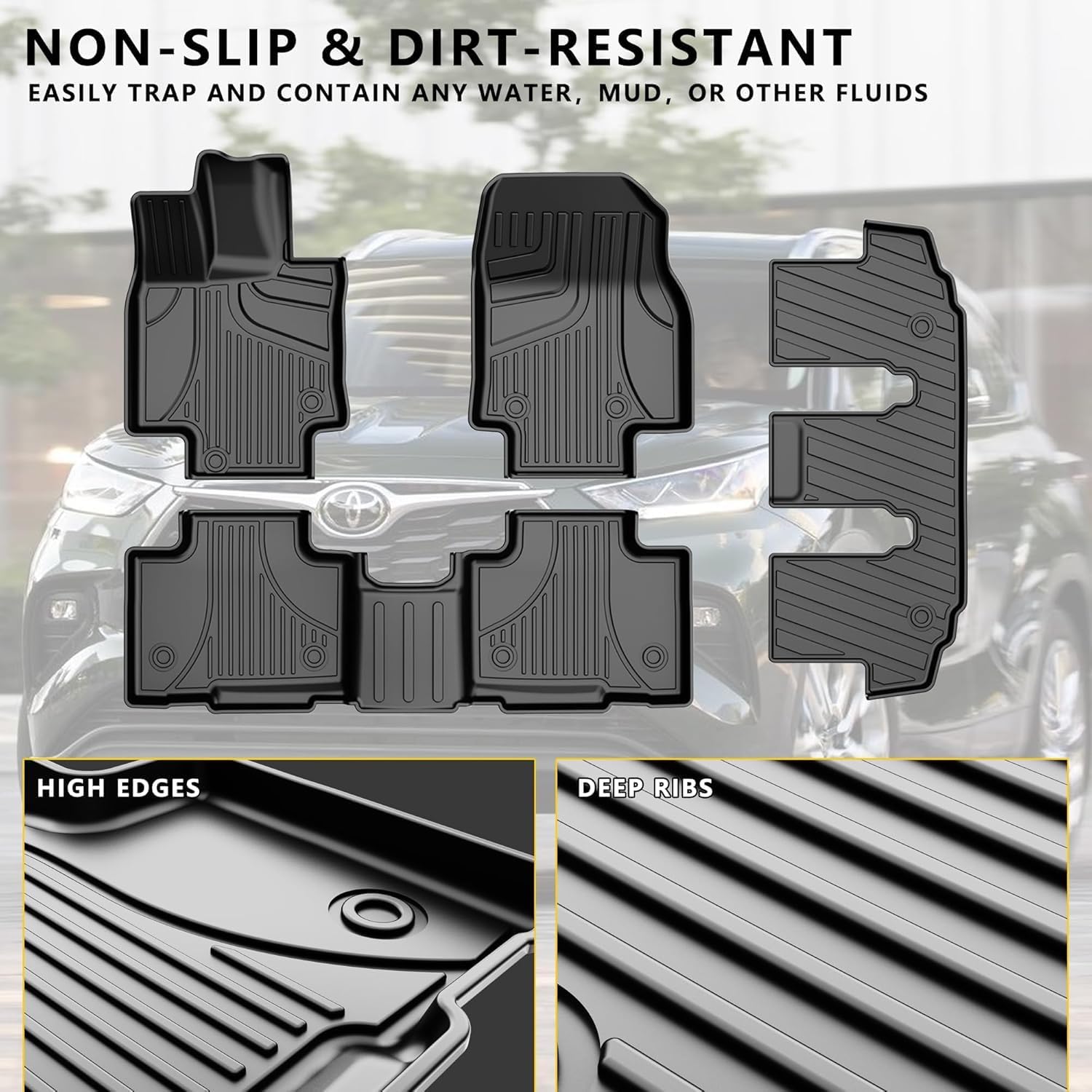 Aomsazto Floor Mats For 2020-2025 Toyota Highlander (7 Seats Only): Heavy Duty Tpe All Weather Protection Car Floor Mats - 3 Row