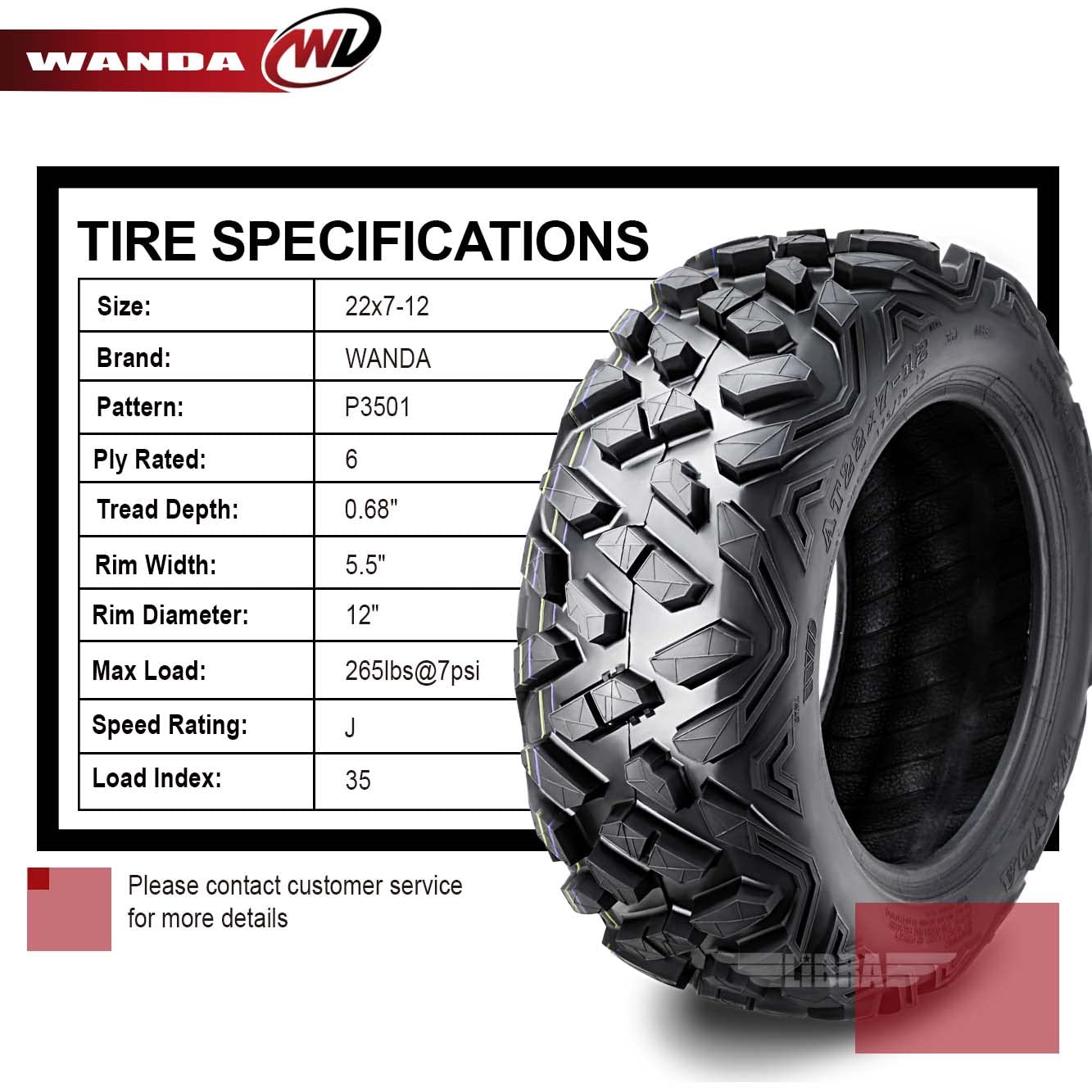 Wanda Set 2 Atv Tires 22X7-12 22X7X12 6Pr Bighorn Style
