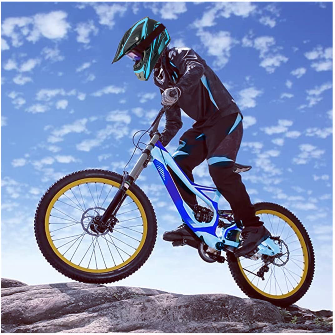 Motocross Helmet,Adult &Youth Trend Full Face Helmet,Atv Motorcycle Helmet,Dirt Bike Downhill Off-Road Mountain Bike Helmet,Dot Certified,4-Piece Set (Blue, Xl)
