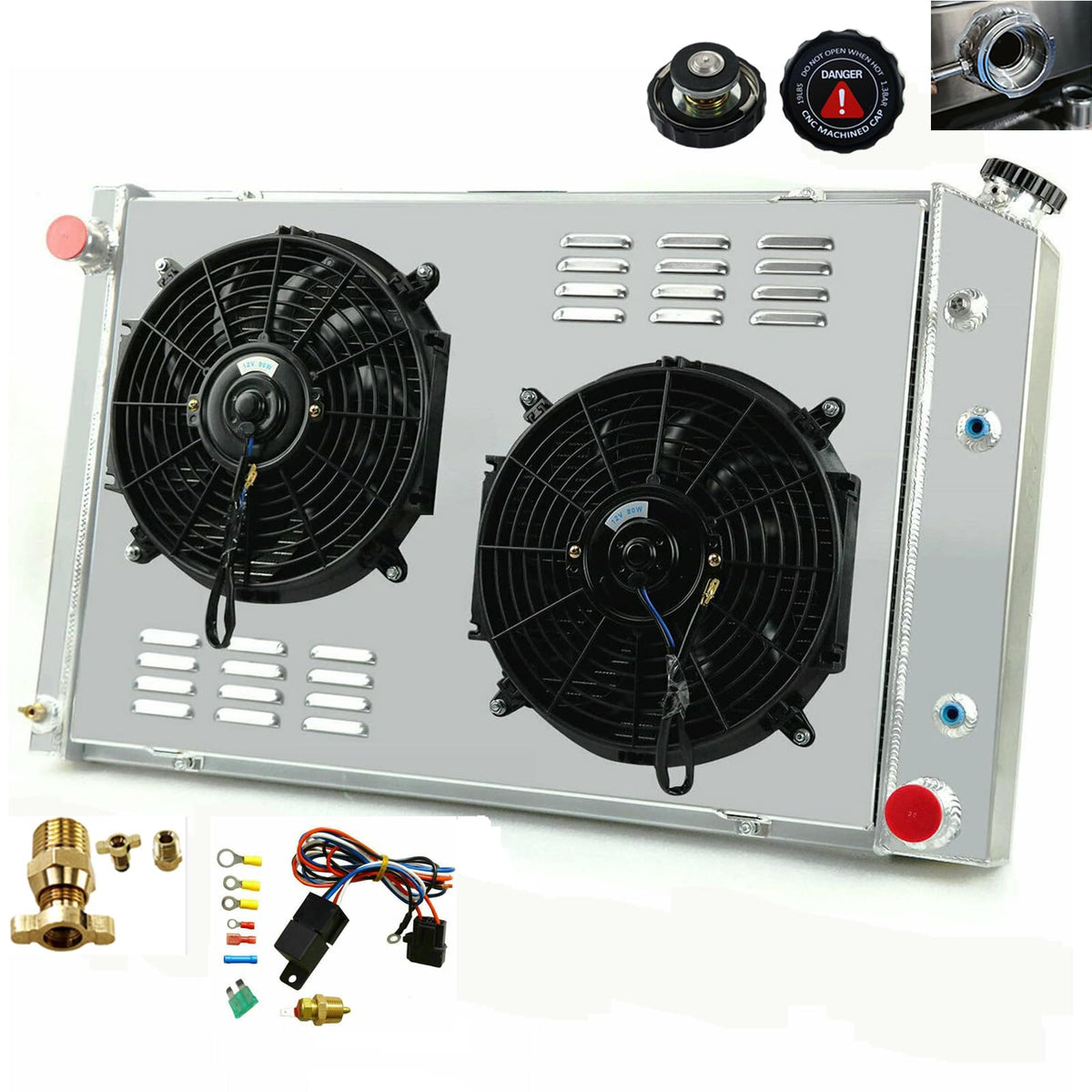 RadRace 3 Row Aluminum Radiator Shroud Fan Relay for 1973-1991 Chevy C30 C20 C10 C2500 C1500 K30 K20 K10 Pickup Blazer GMC Truck