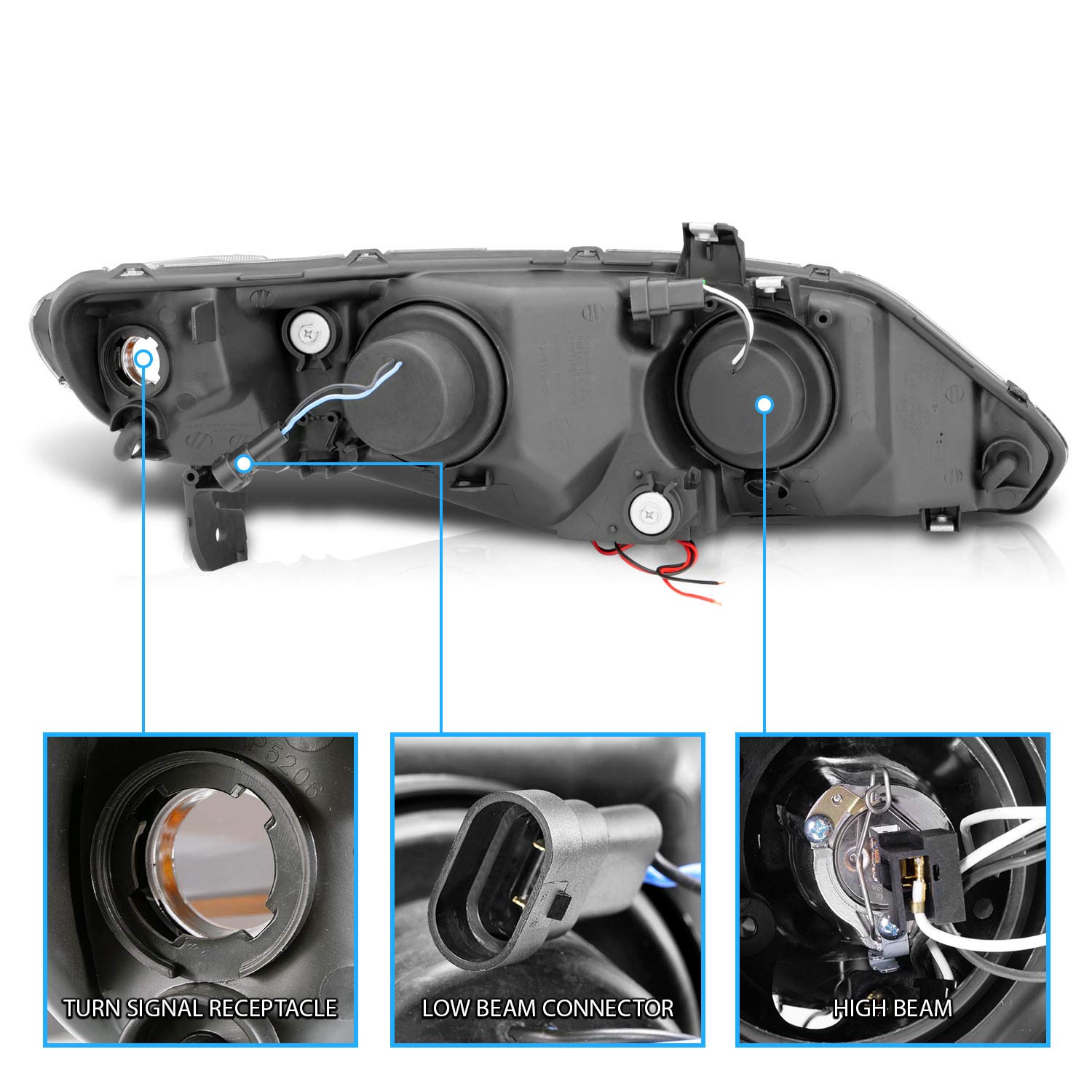 Amerilite Projector Halogen Headlights Amber Xtreme Led Halo For 2006-2009 Honda Civic 4 Door/Hybrid Sedan - Passenger And Driver Side, Vehicle Light Assembly, Black