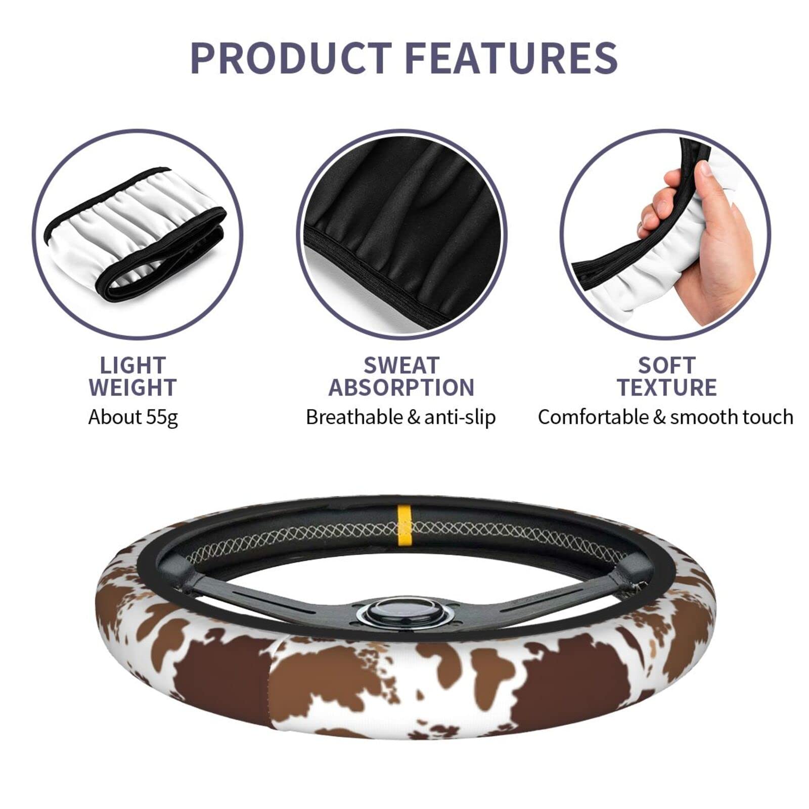 Brown Cow Print Steering Wheel Cover Universal 15 Inches For Women Men, Neoprene Anti-Slip Cute Car Steering Wheel Grip Wrap Car
