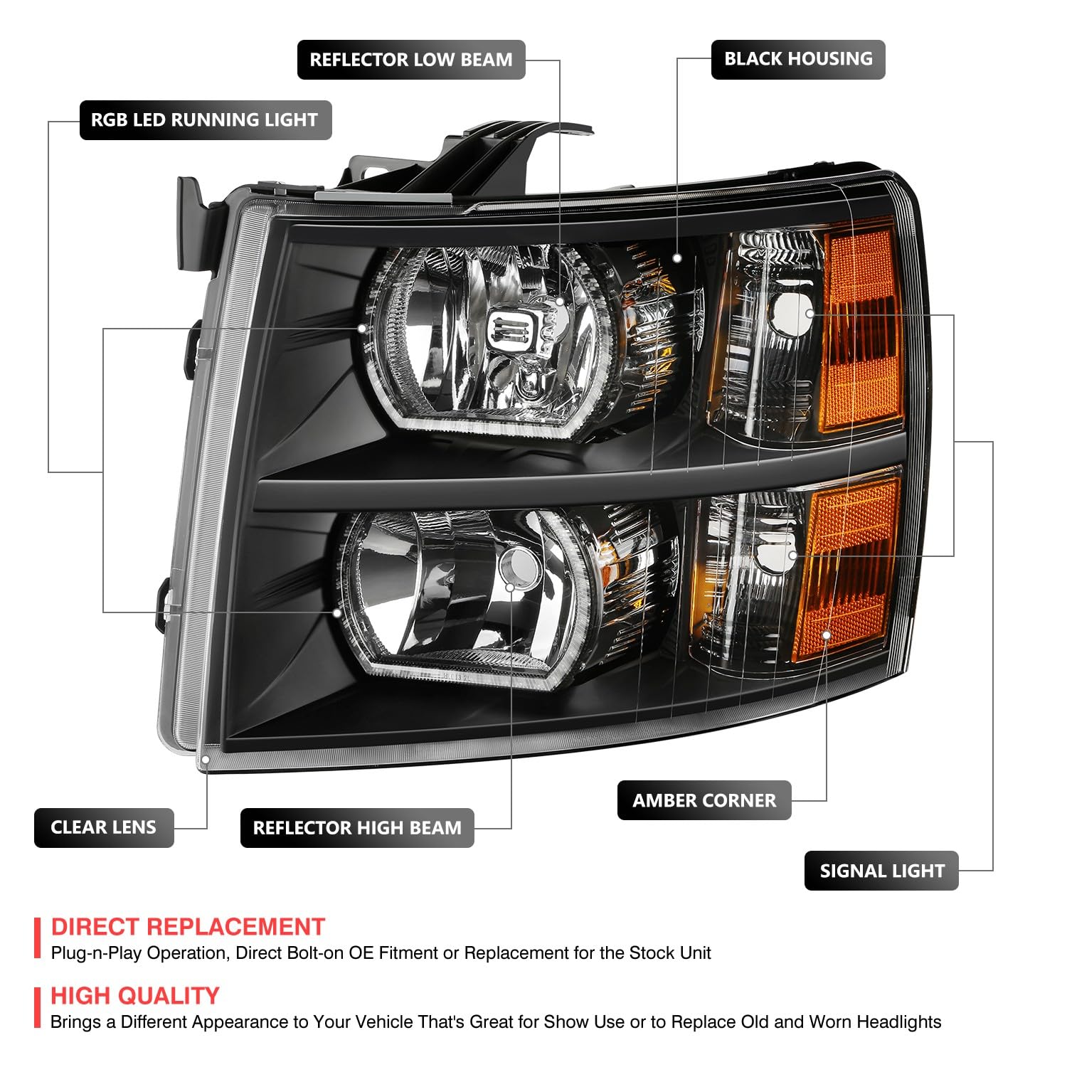 Dna Motoring Pair Of Headlights Compatible With 2007-2013 Chevy Silverado 1500, 2500 3500 & Hd, Start Up Sequence Rgb Led Drl, B