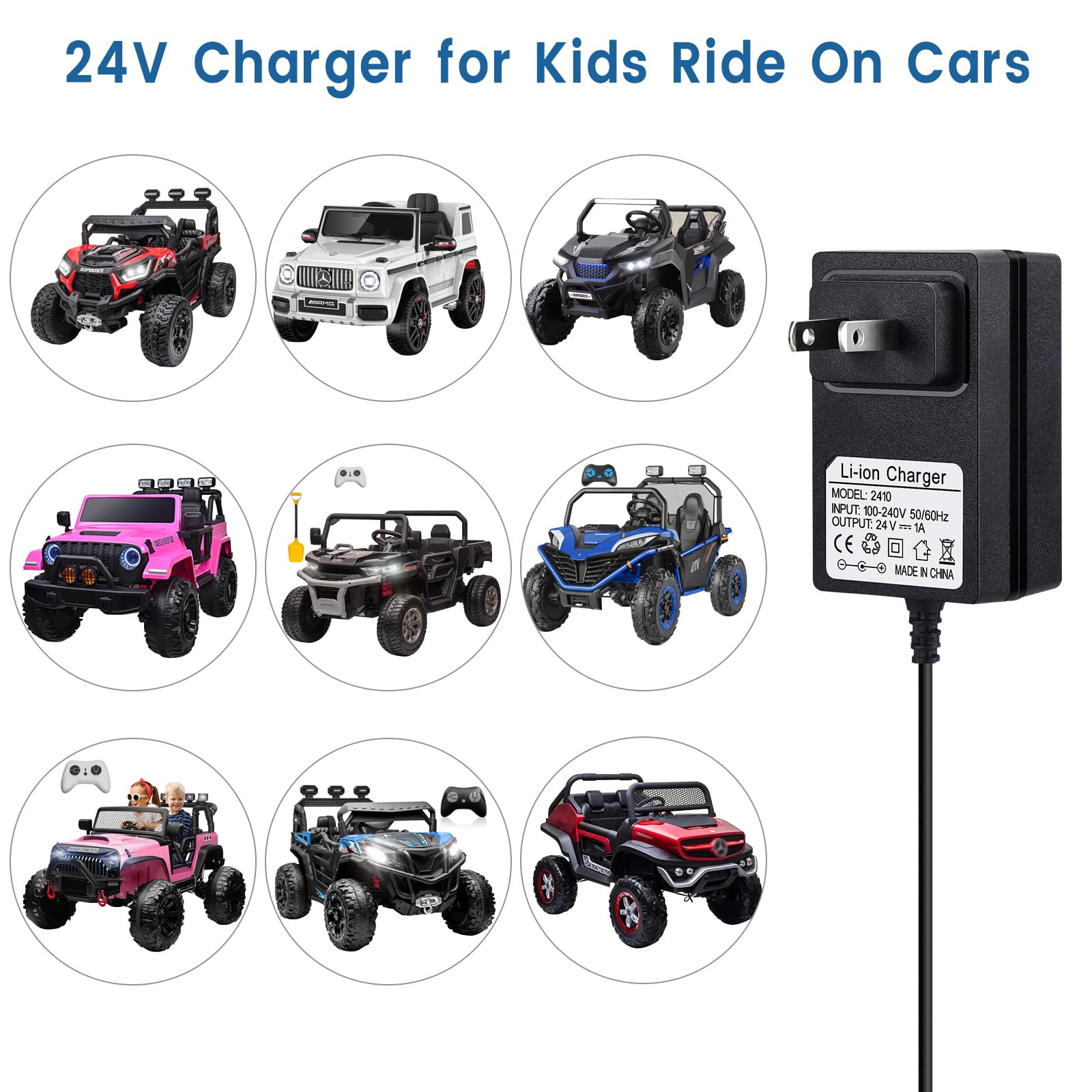 24V Battery Charger for Kids Ride On Car Toys, 24 Volt Power Adapter for Best Choice Products, Charging Cable with Indicator Lig