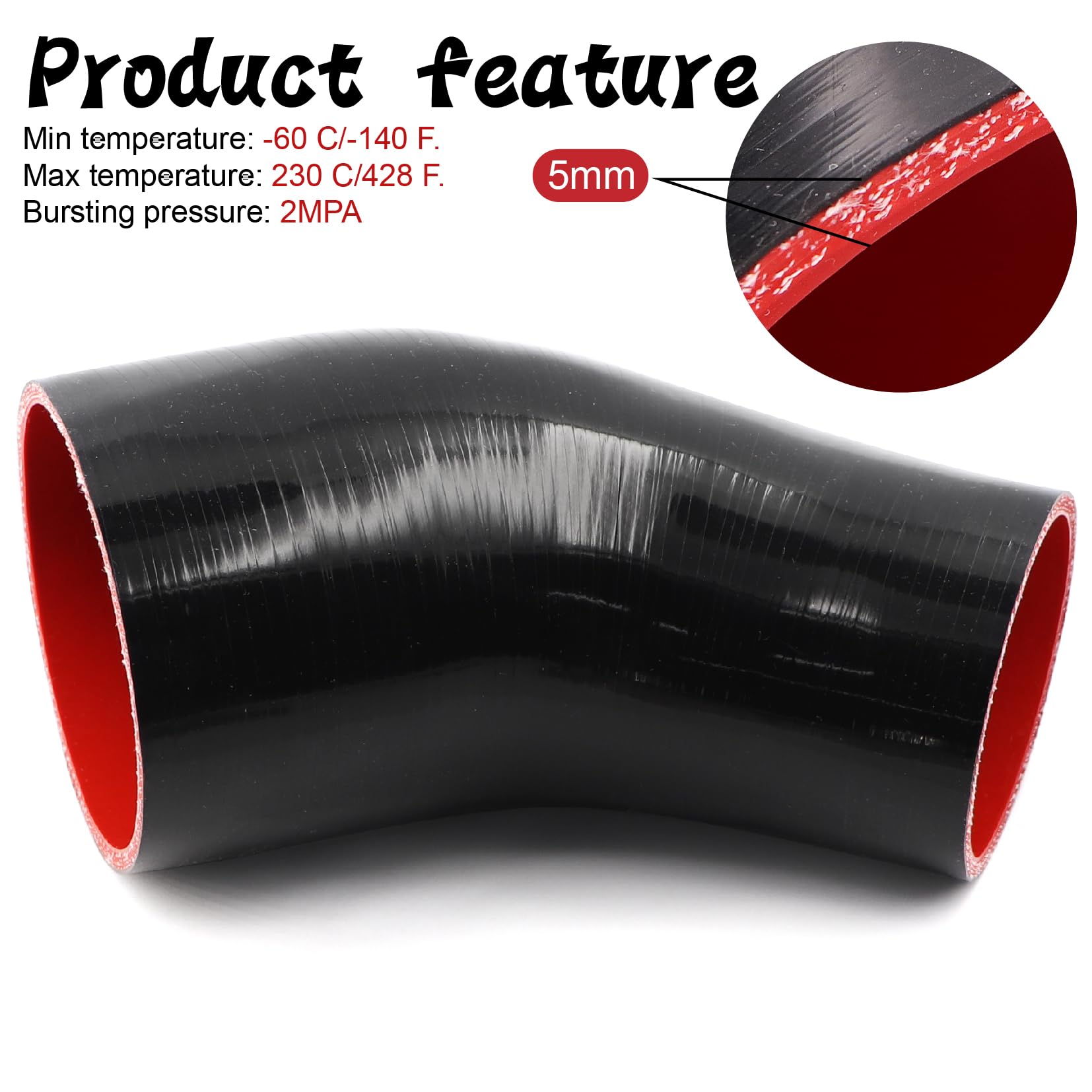 TuoLauthon 45 Degree 3 to 4 Inch(76-102mm) Silicone Reducer Coupler Hose,4-Ply Reinforced,Length 4Inch(102mm) with 2Pcs T-Bolt C