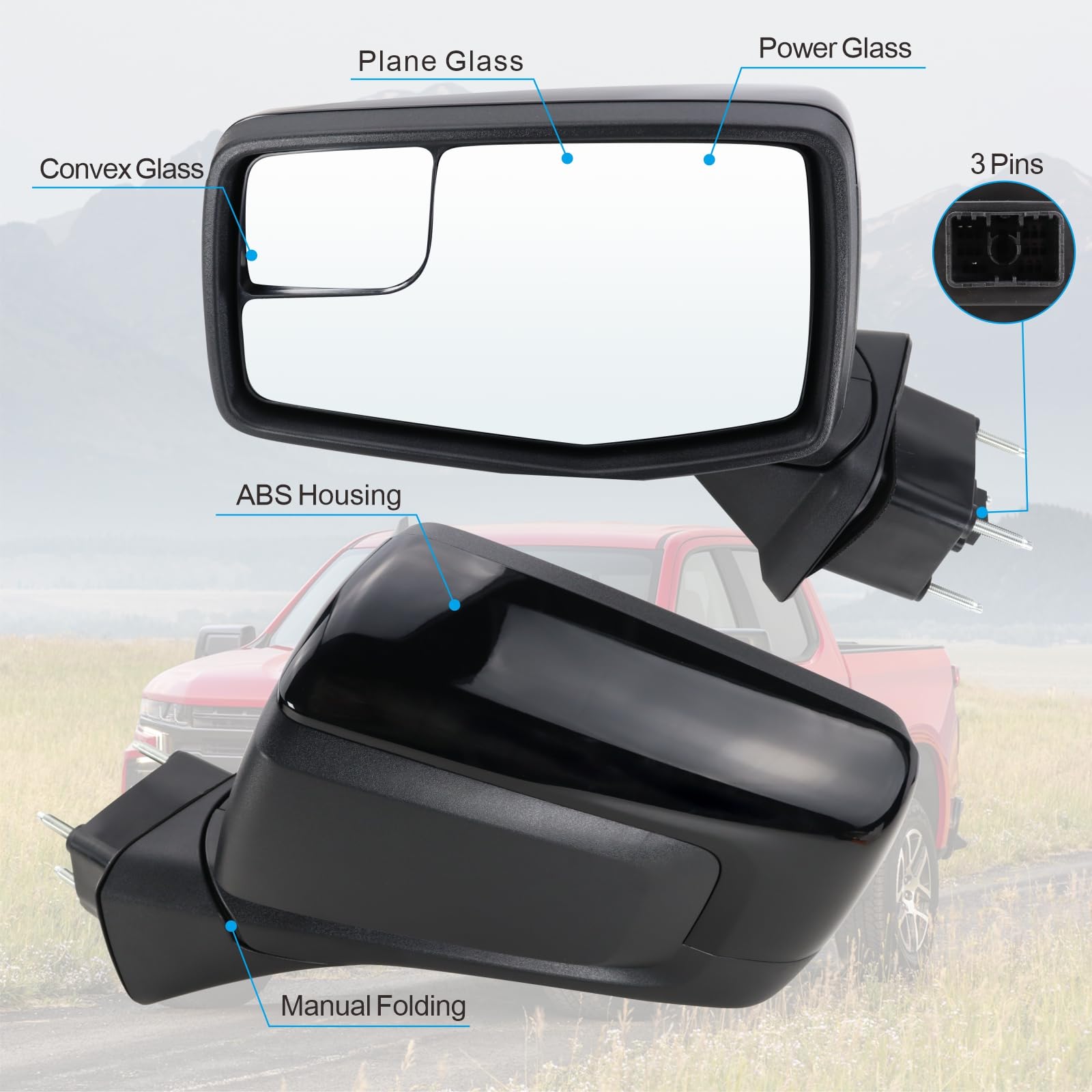 Lqito Left Driver Side Mirror Compatible with 2019-2025 chevy Silverado 1500 Power Glass Manual Folding Non-Heated without Turn