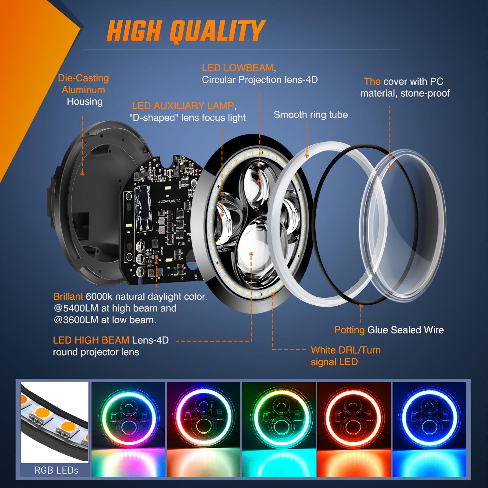 Nilight 7 Inch Rgb Led Headlight W/Turn Signal Amber Light App Remote Control High Low Beam 7    Led Headlight Compatible With 2
