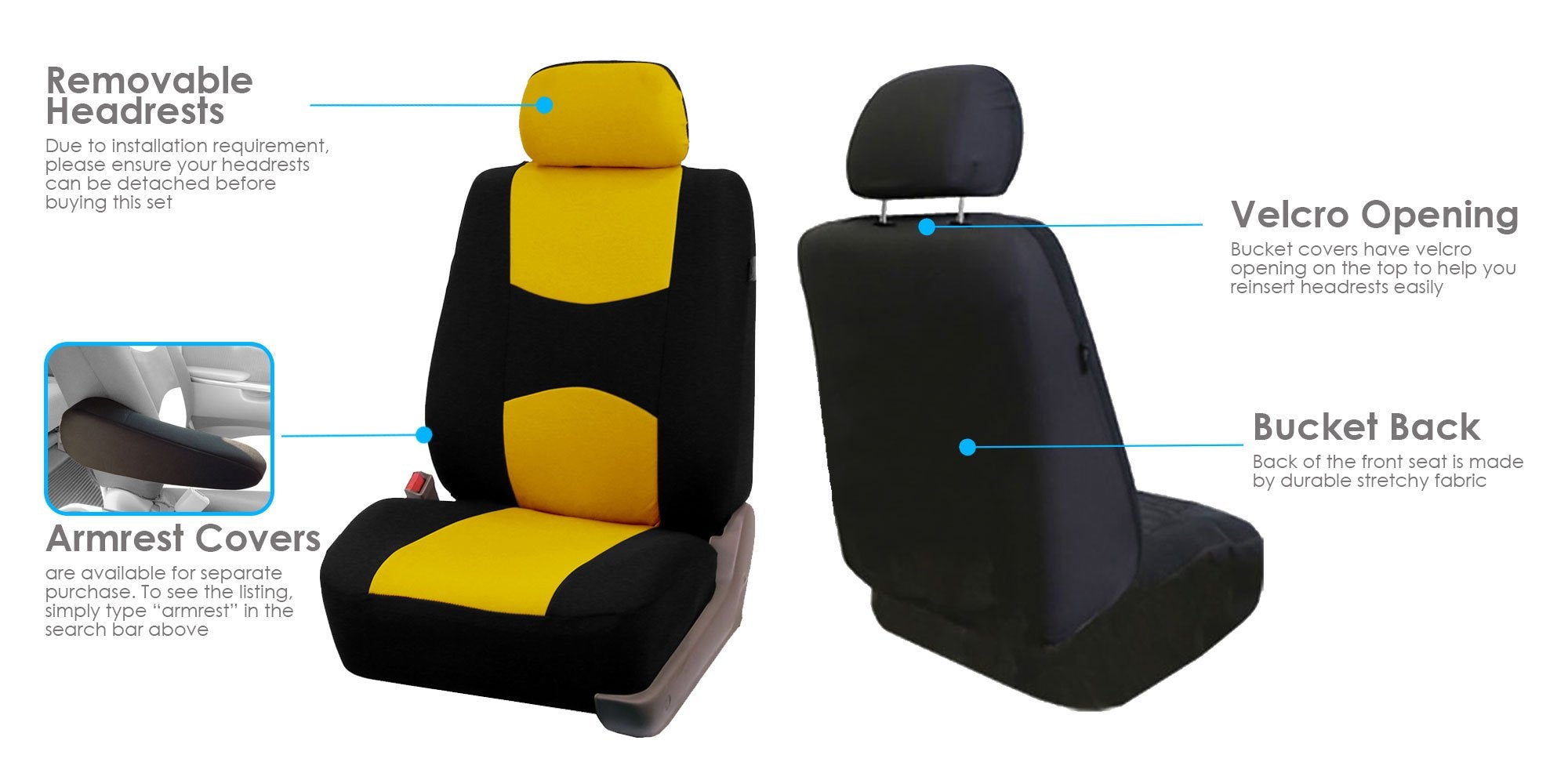Fh Group Car Seat Covers Flat Cloth Front Seats Only Yellow Automotive Seat Cover, Airbag Compatible Universal Fit Interior Acce