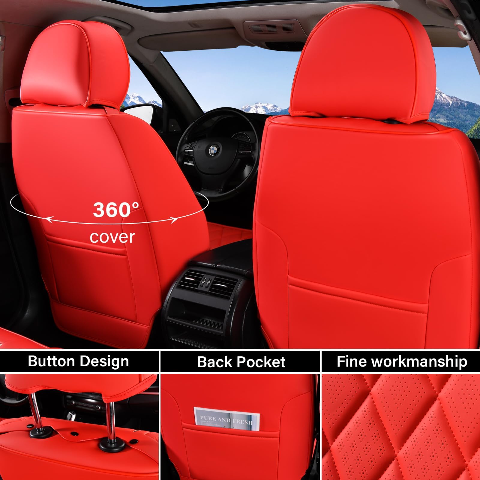 Coverado Leather Seat Covers, Car Seat Cover Front Seats, Waterproof Seat Covers, Luxury Faux Leather Car Seat Protectors, Red C