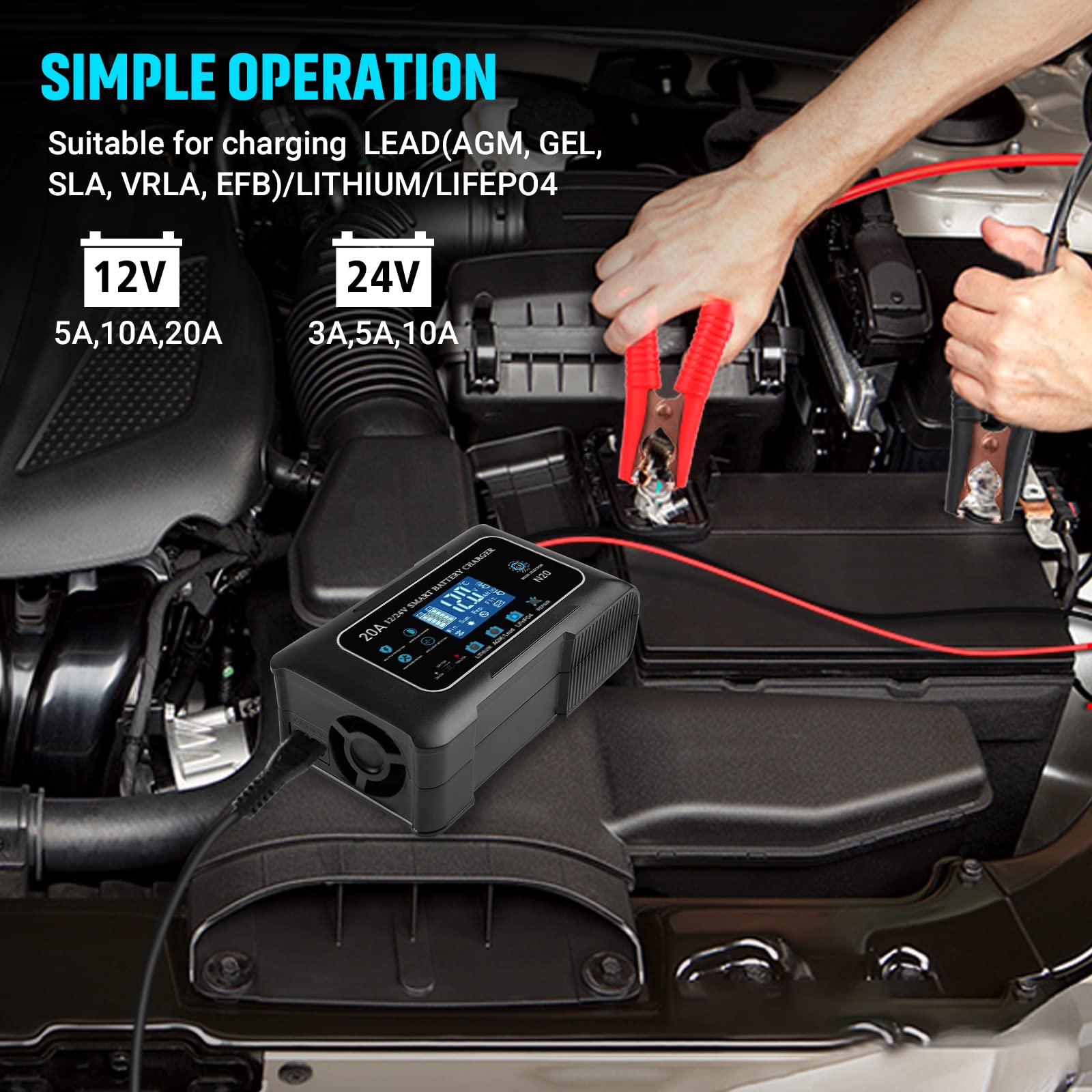 20-Amp Lifepo4 Lithium Agm Gel Smart Battery Charger, 12V/20A 24V/10A Trickle Charger, Maintainer For Car Boat Motorcycle, Lawn Mower