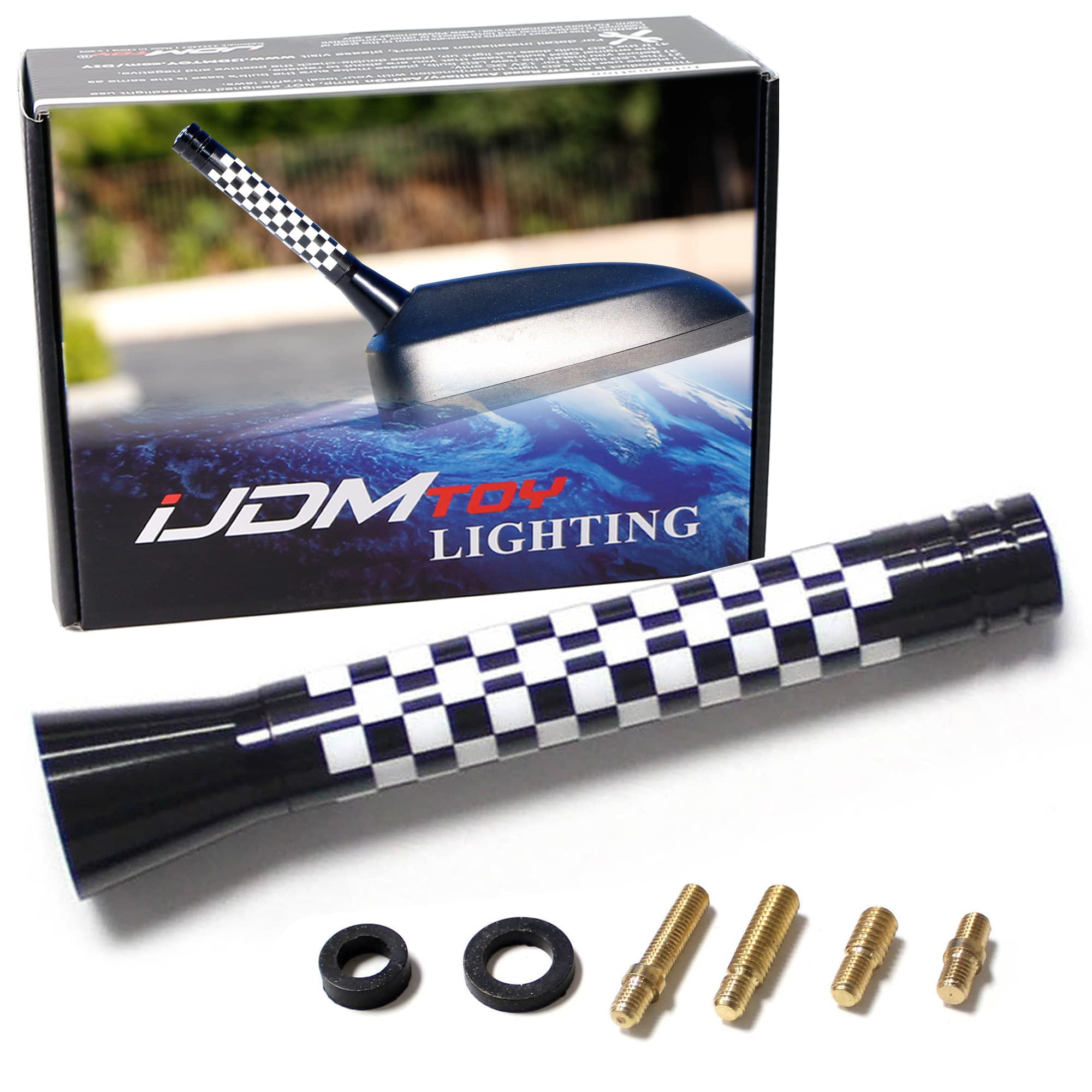 Ijdmtoy 3-Inch Checkered White/Black Checkerboard Theme Short Antenna Compatible With Mini Cooper (All Models) & More Other Cars
